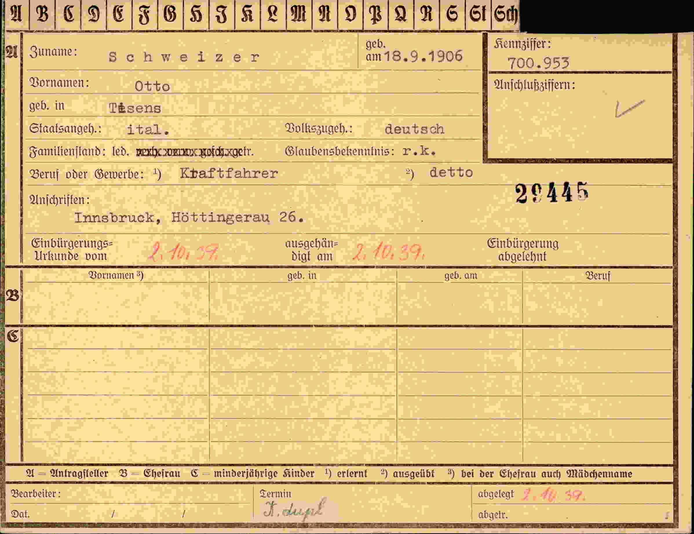 Dokument für Otto Schweizer
