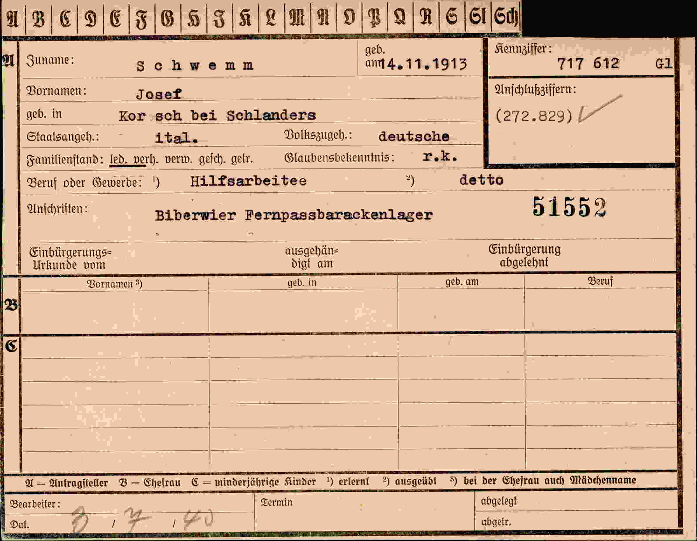Dokument für Josef Schwemm