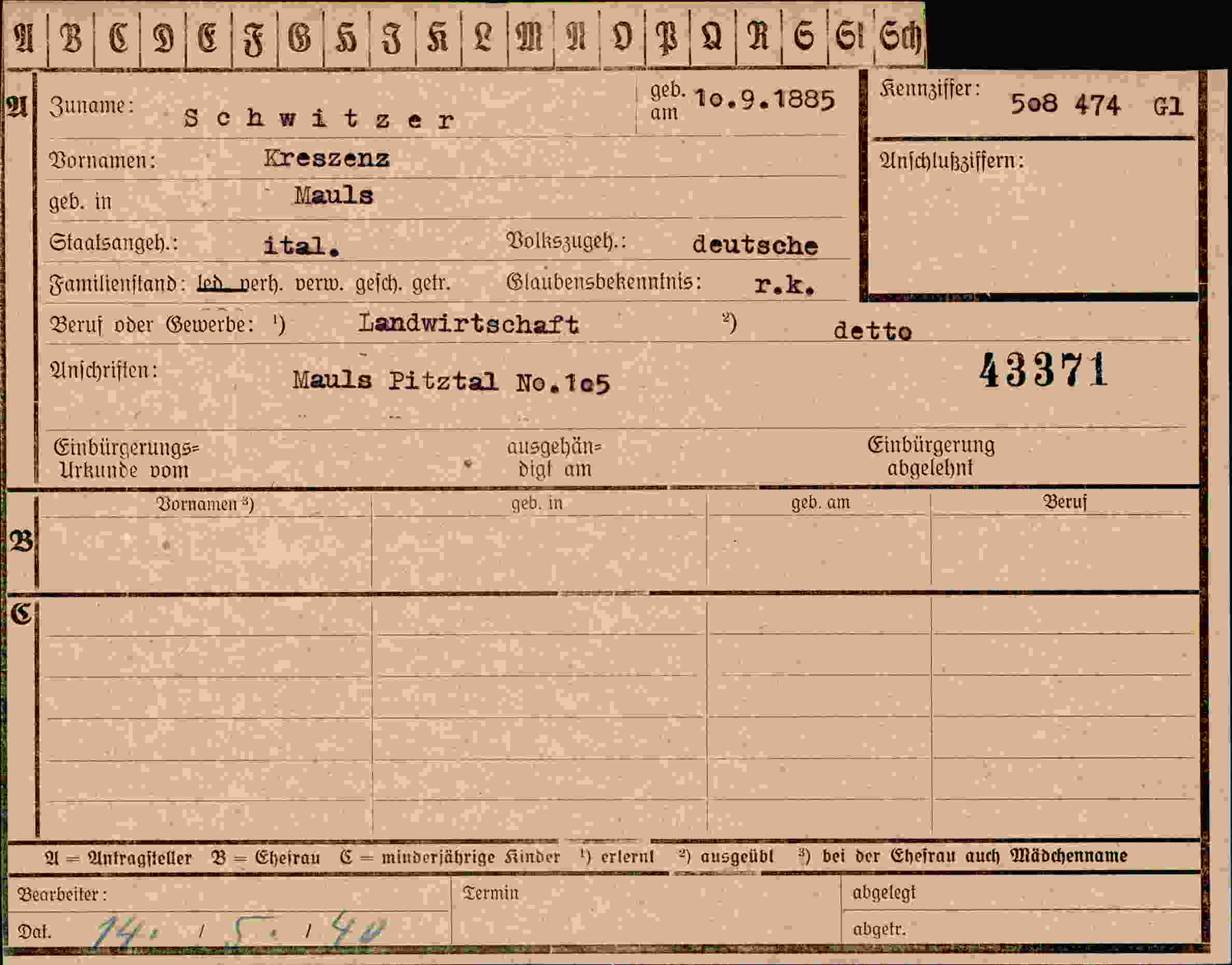Dokument für Kreszenz Schwitzer