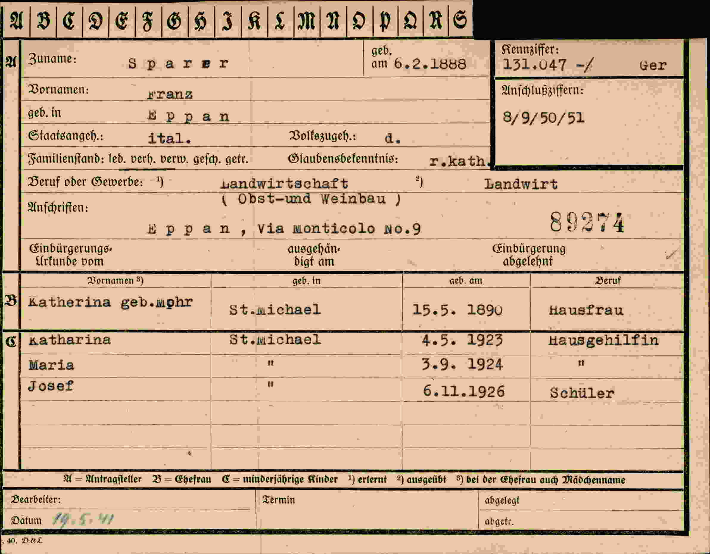 Dokument für Franz Sparer