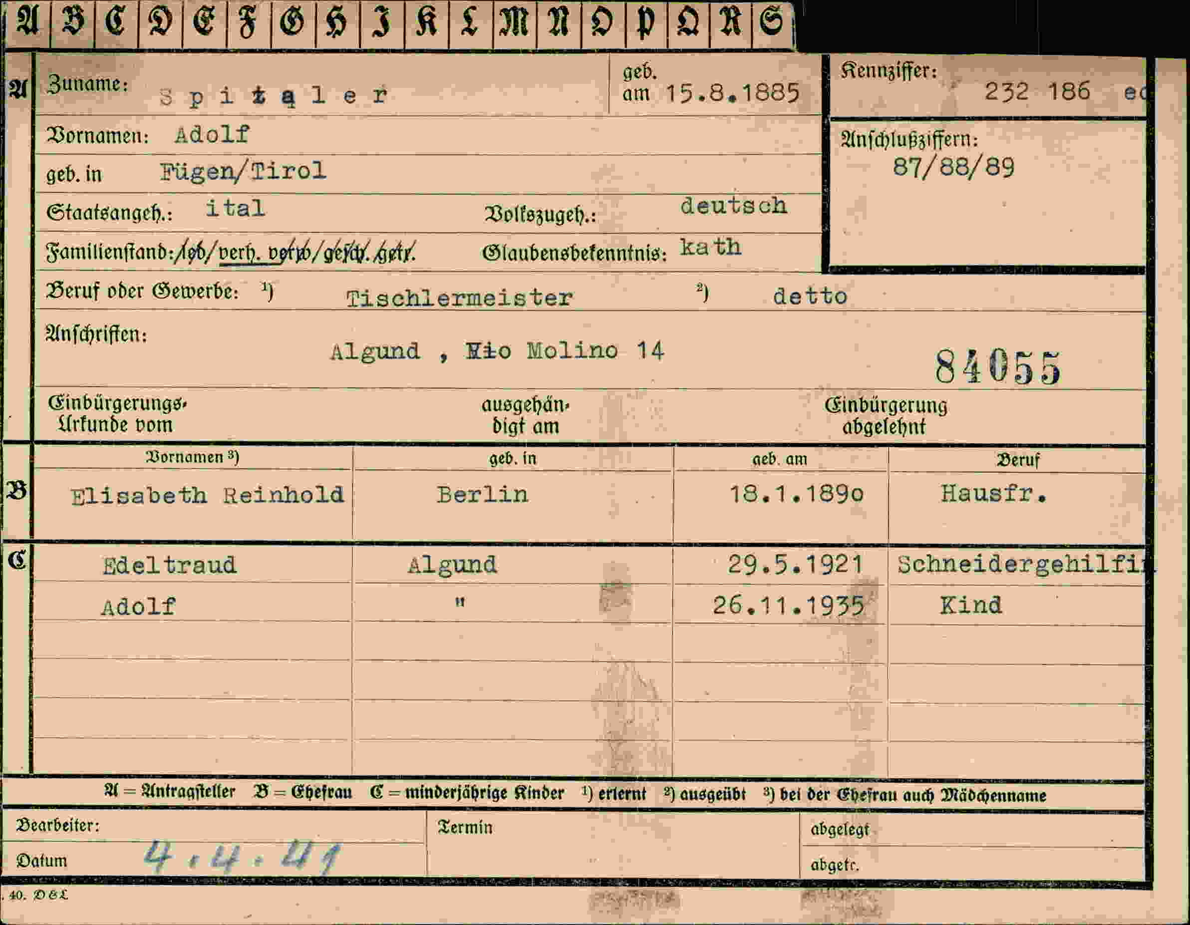 Dokument für Adolf Spitaler