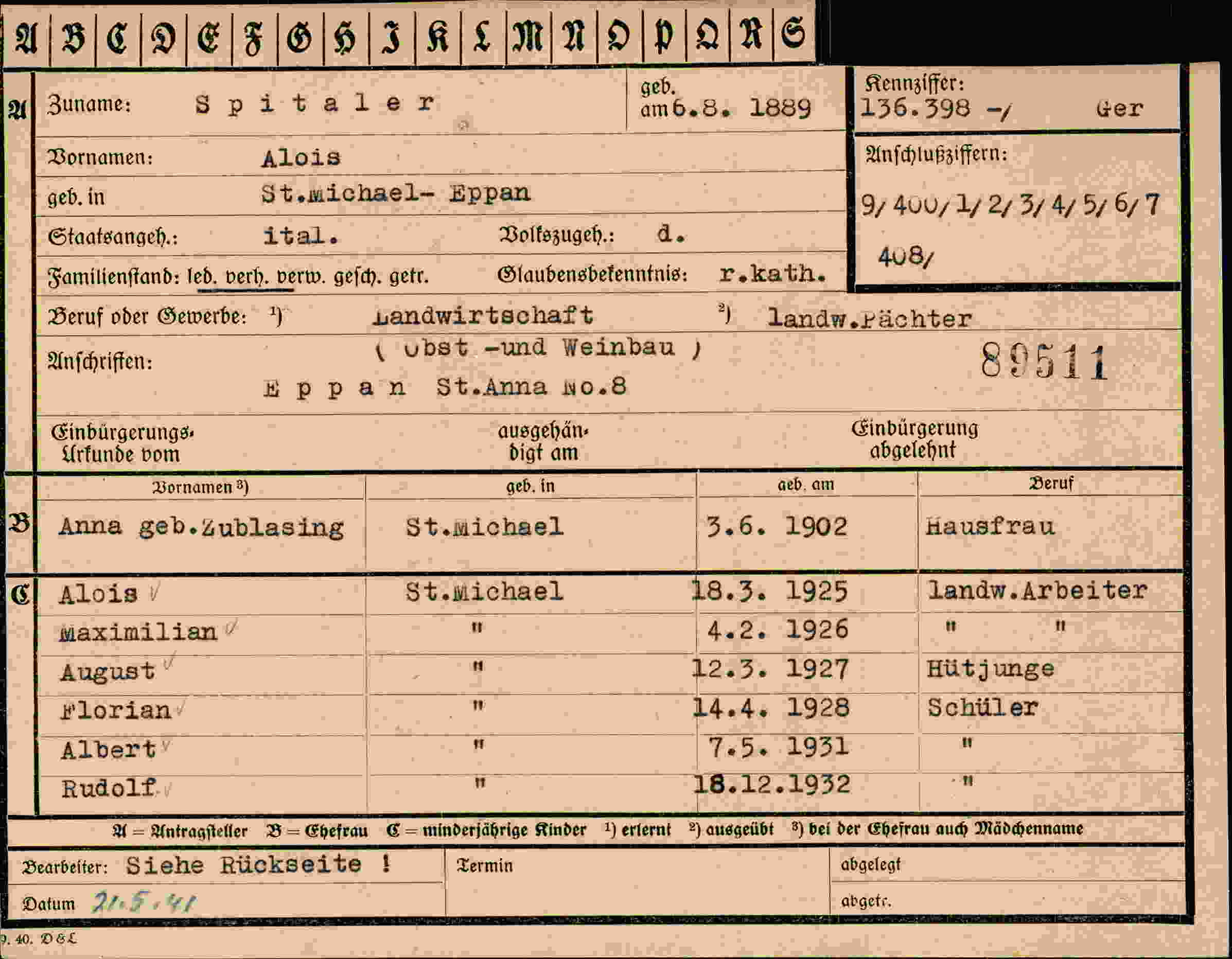 Dokument für Alois Spitaler