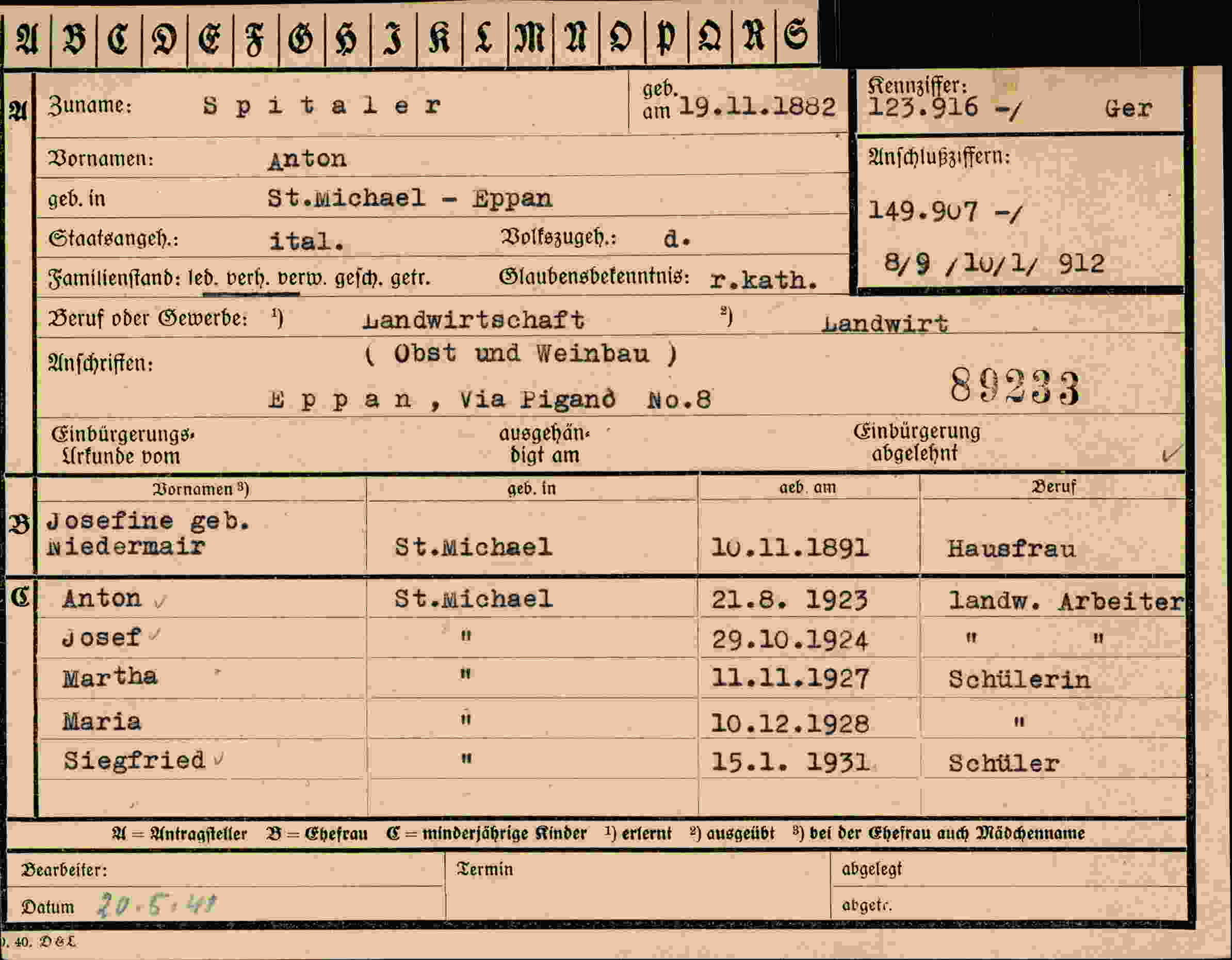 Dokument für Anton Spitaler