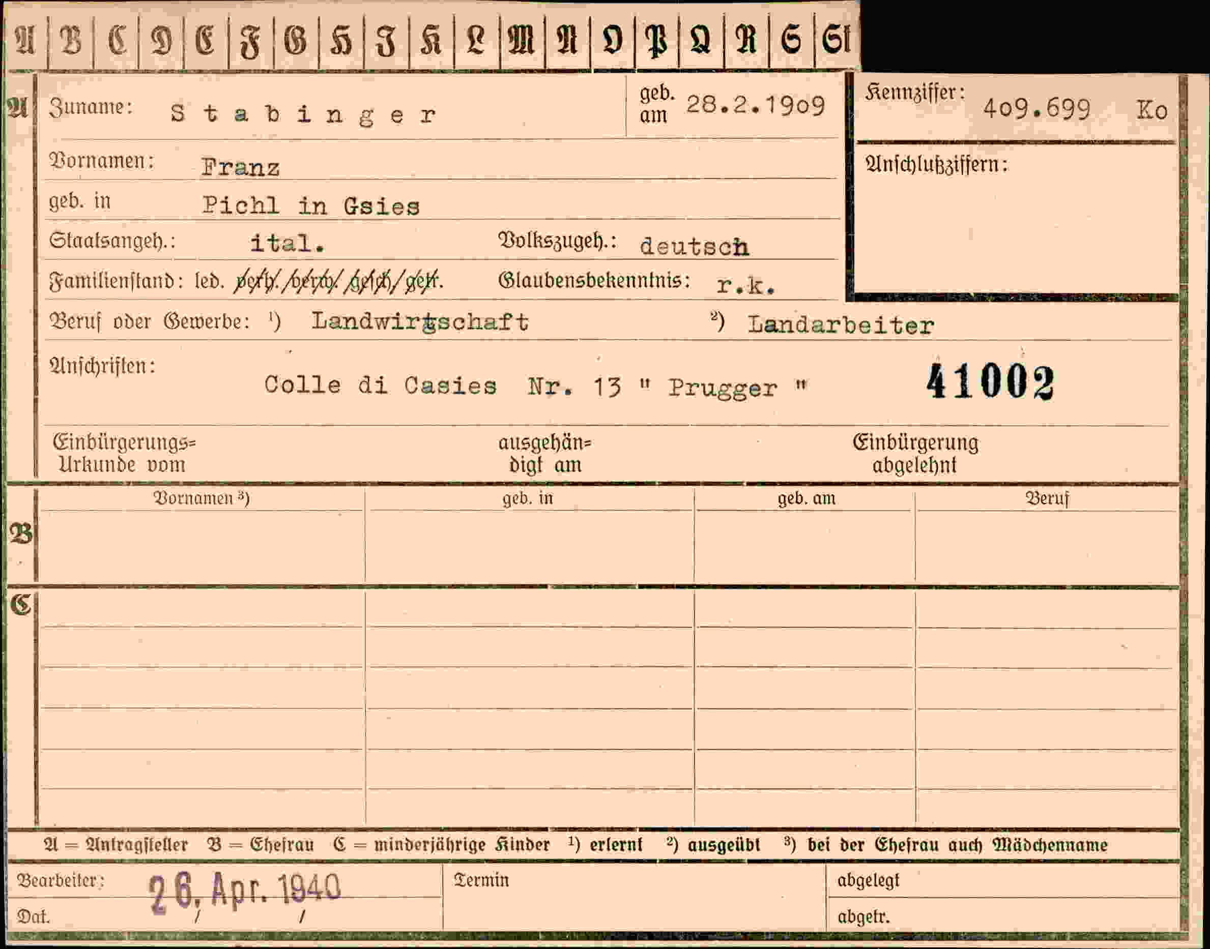 Dokument für Franz Stabinger