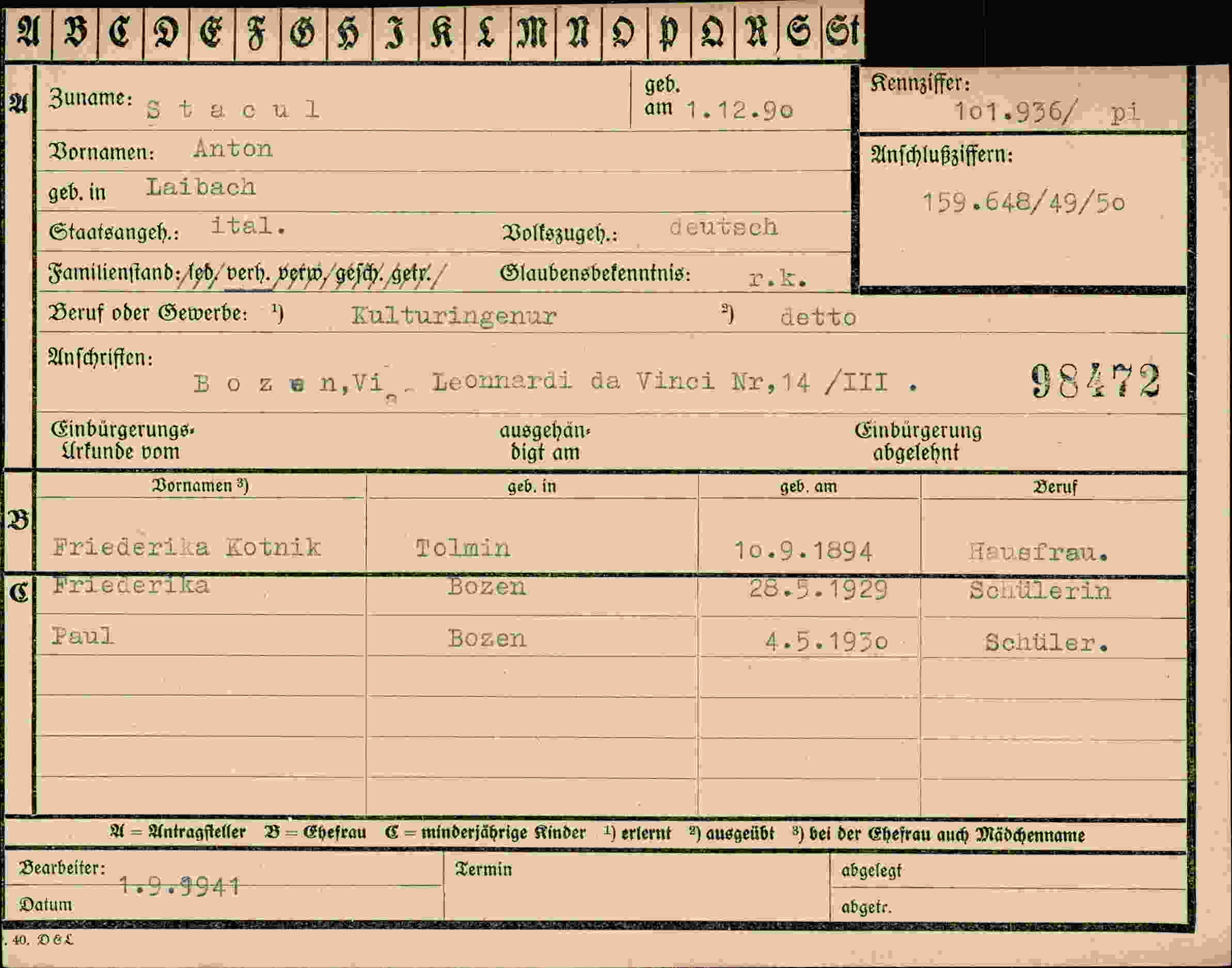 Dokument für Anton Stacul