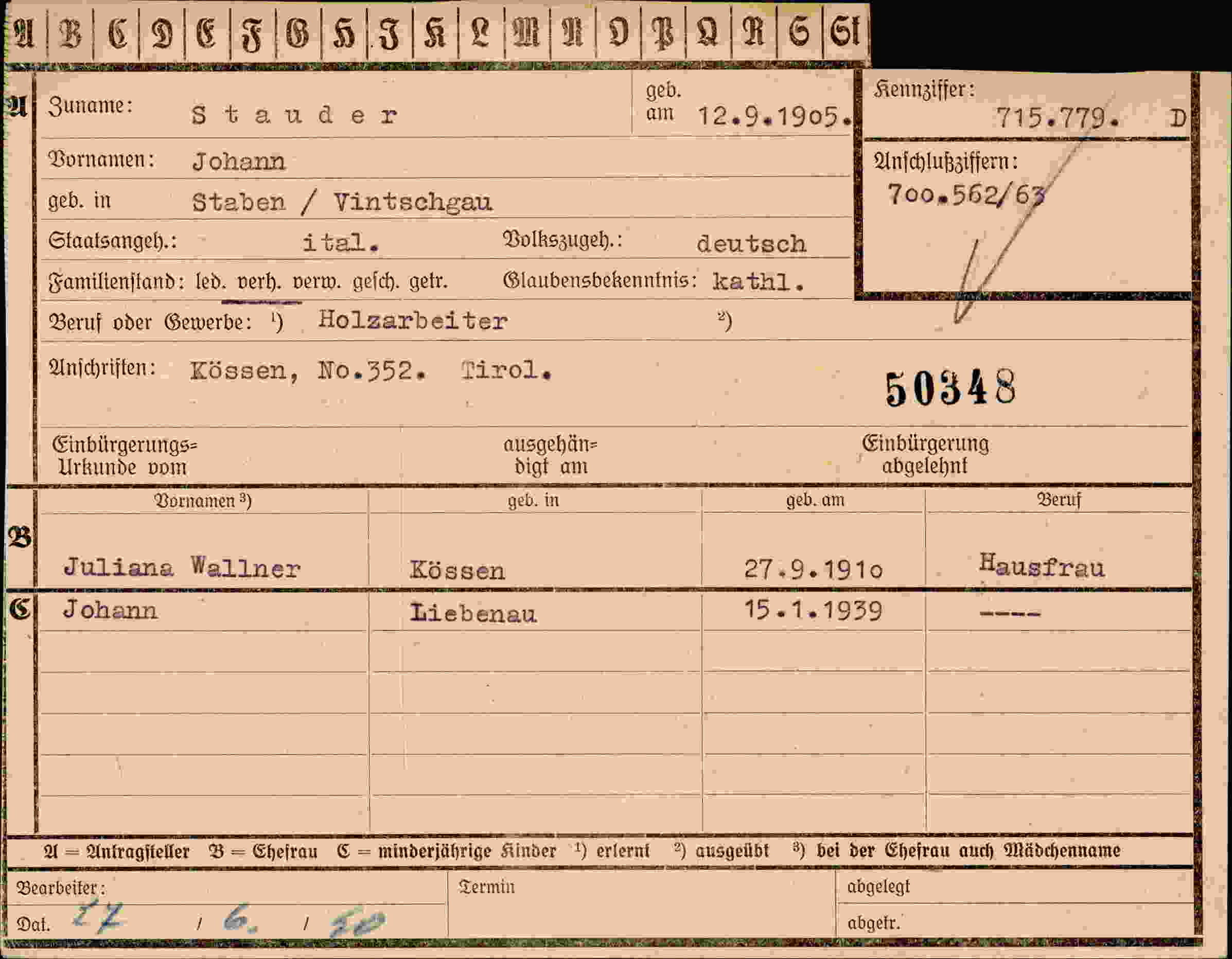 Dokument für Johann Stauder