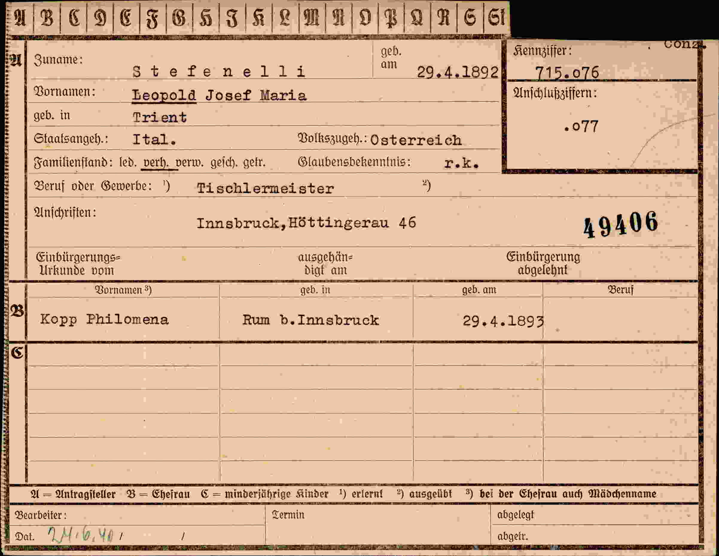 Dokument für Leopold Josef Maria Stefenelli