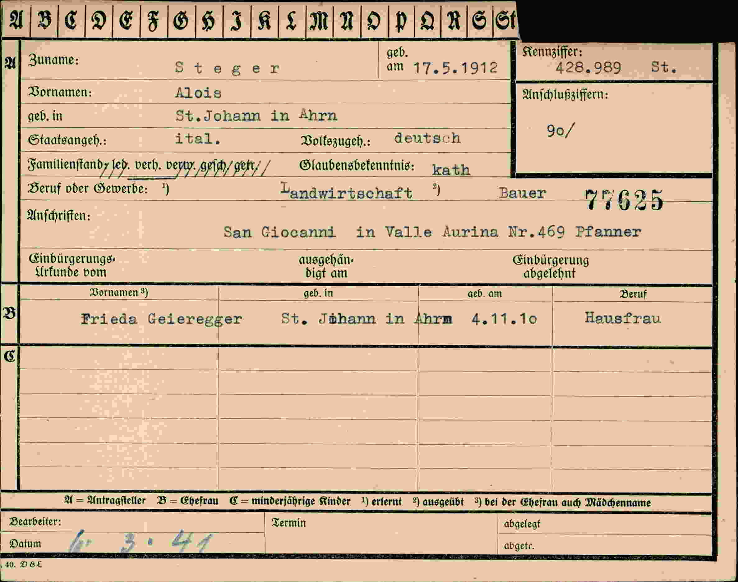Dokument für Alois Steger