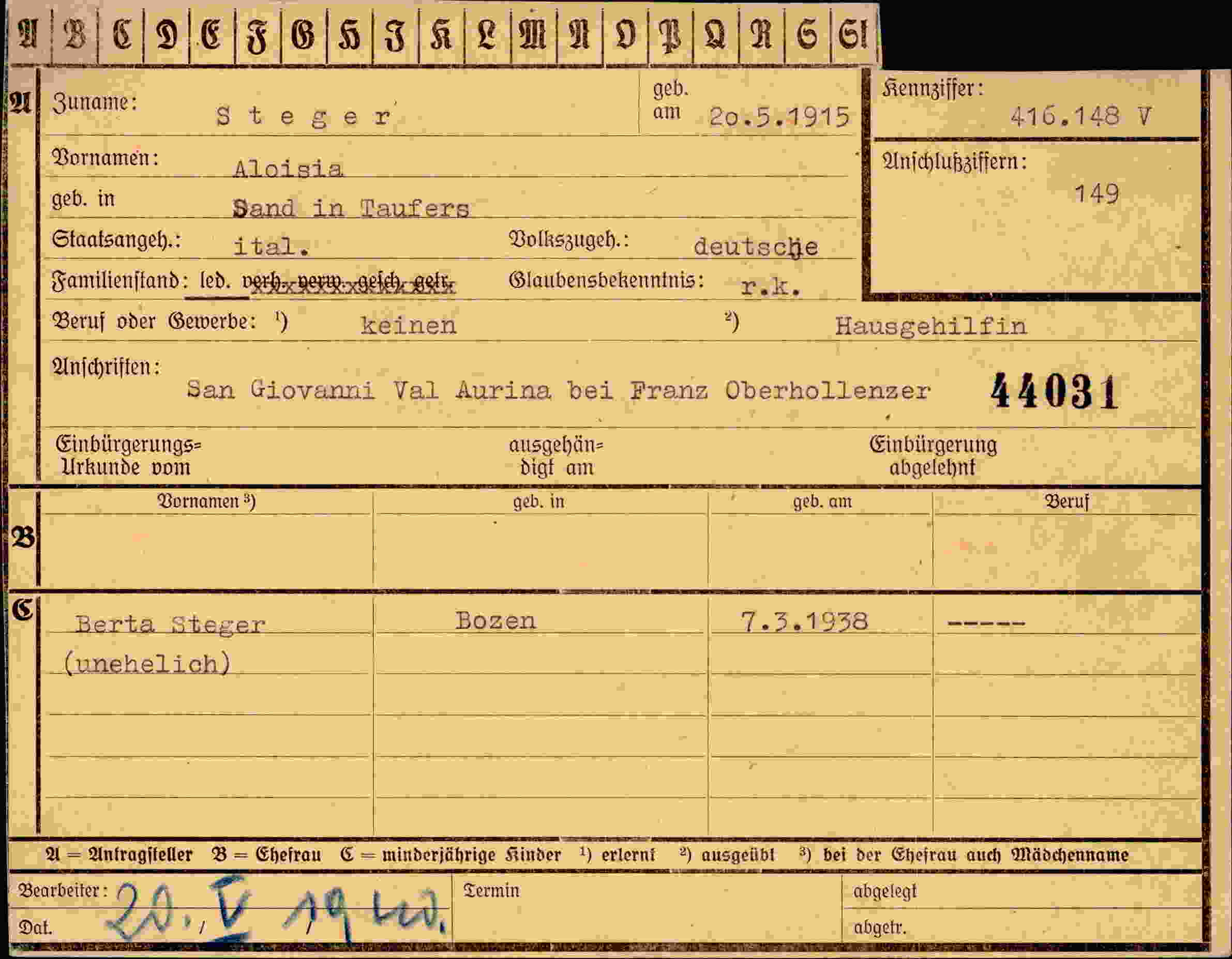 Dokument für Aloisia Steger