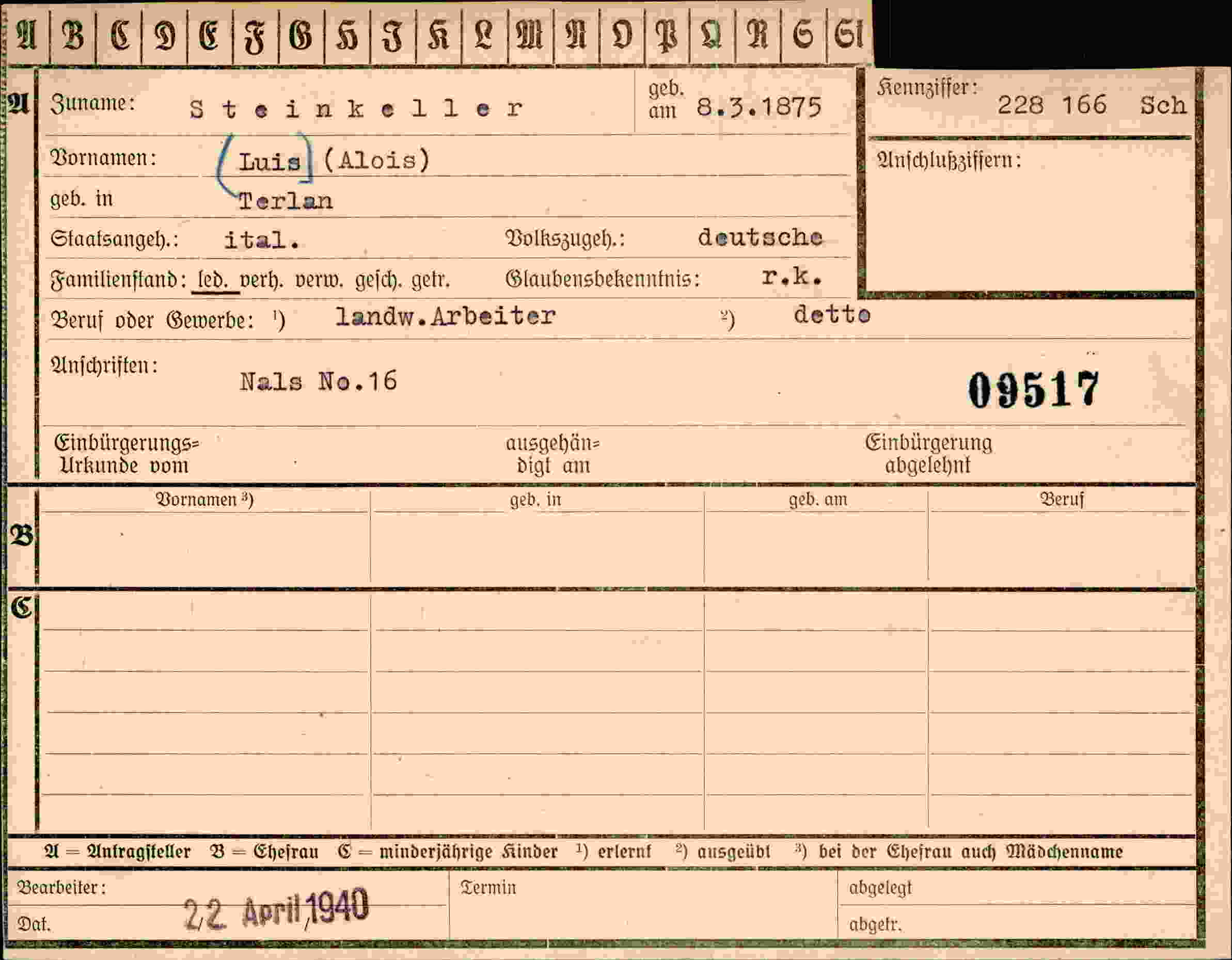 Dokument für Alois Steinkeller