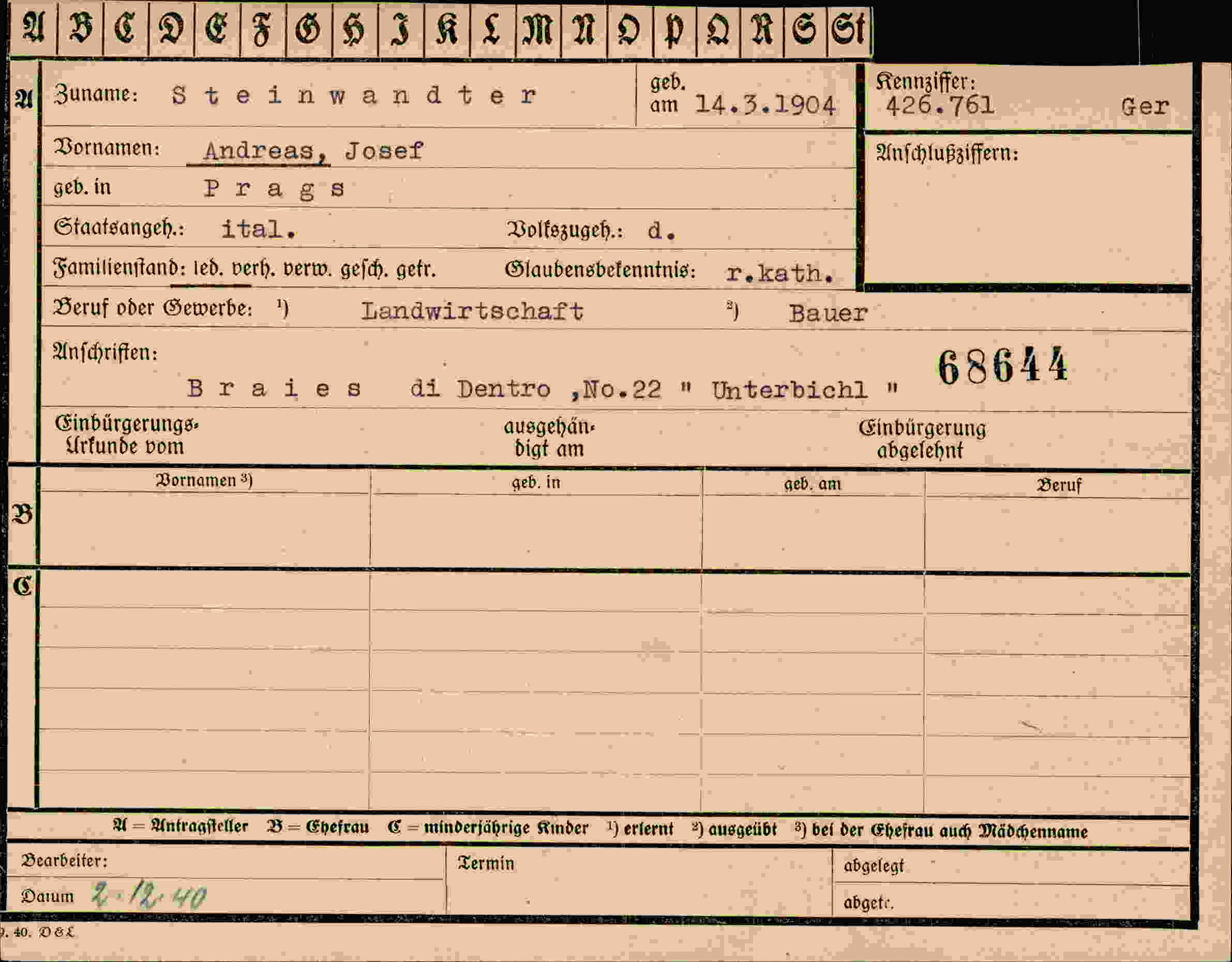 Dokument für Andreas Josef Steinwandter
