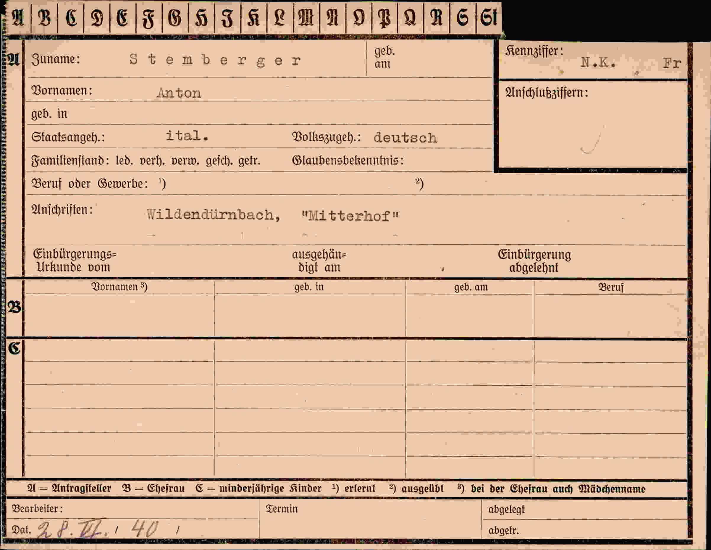 Dokument für Anton Stemberger