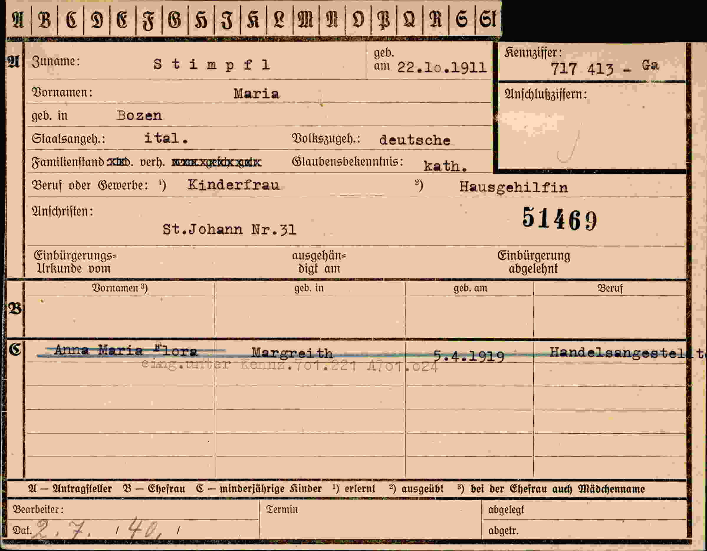 Dokument für Maria Stimpfl