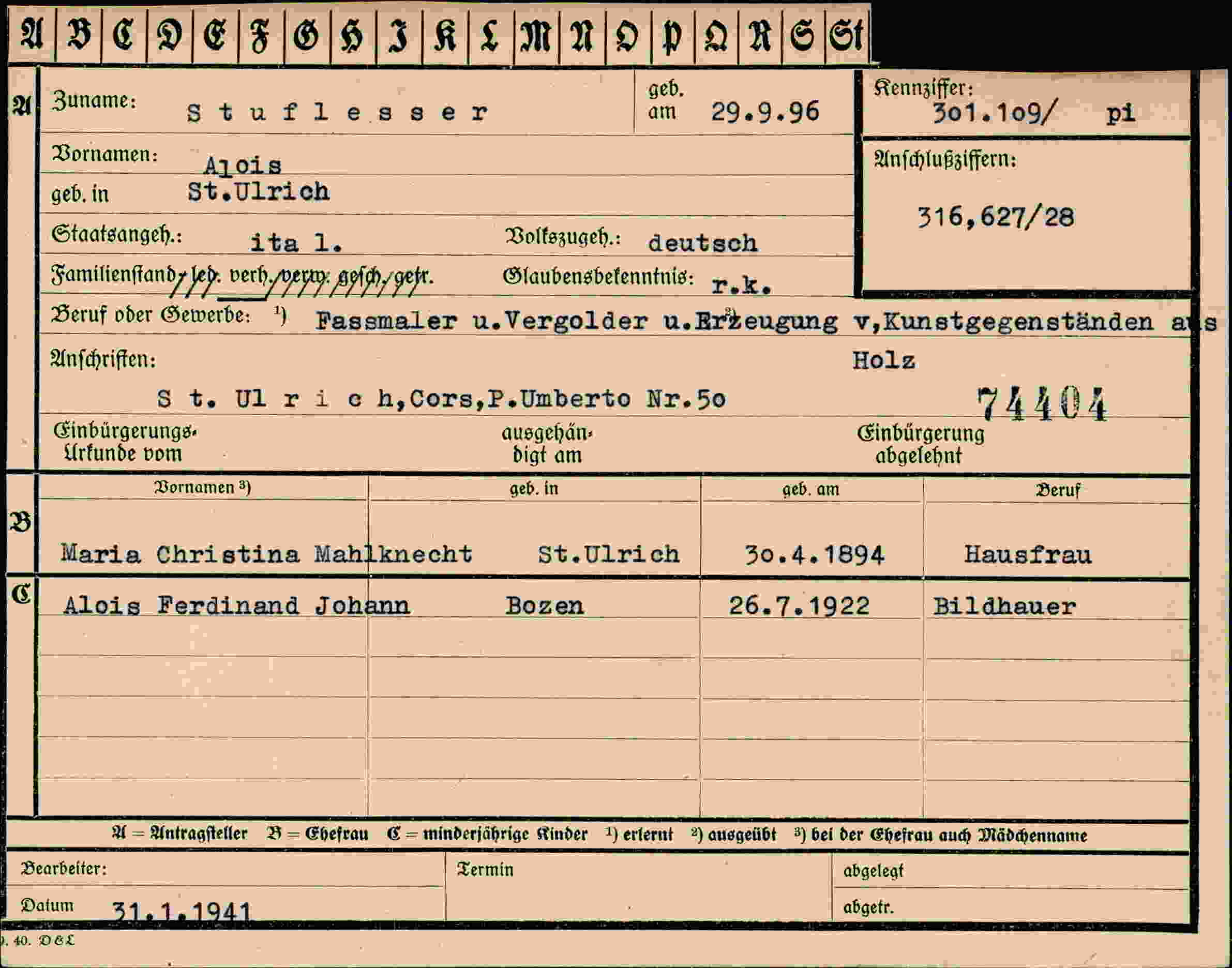 Dokument für Alois Stuflesser