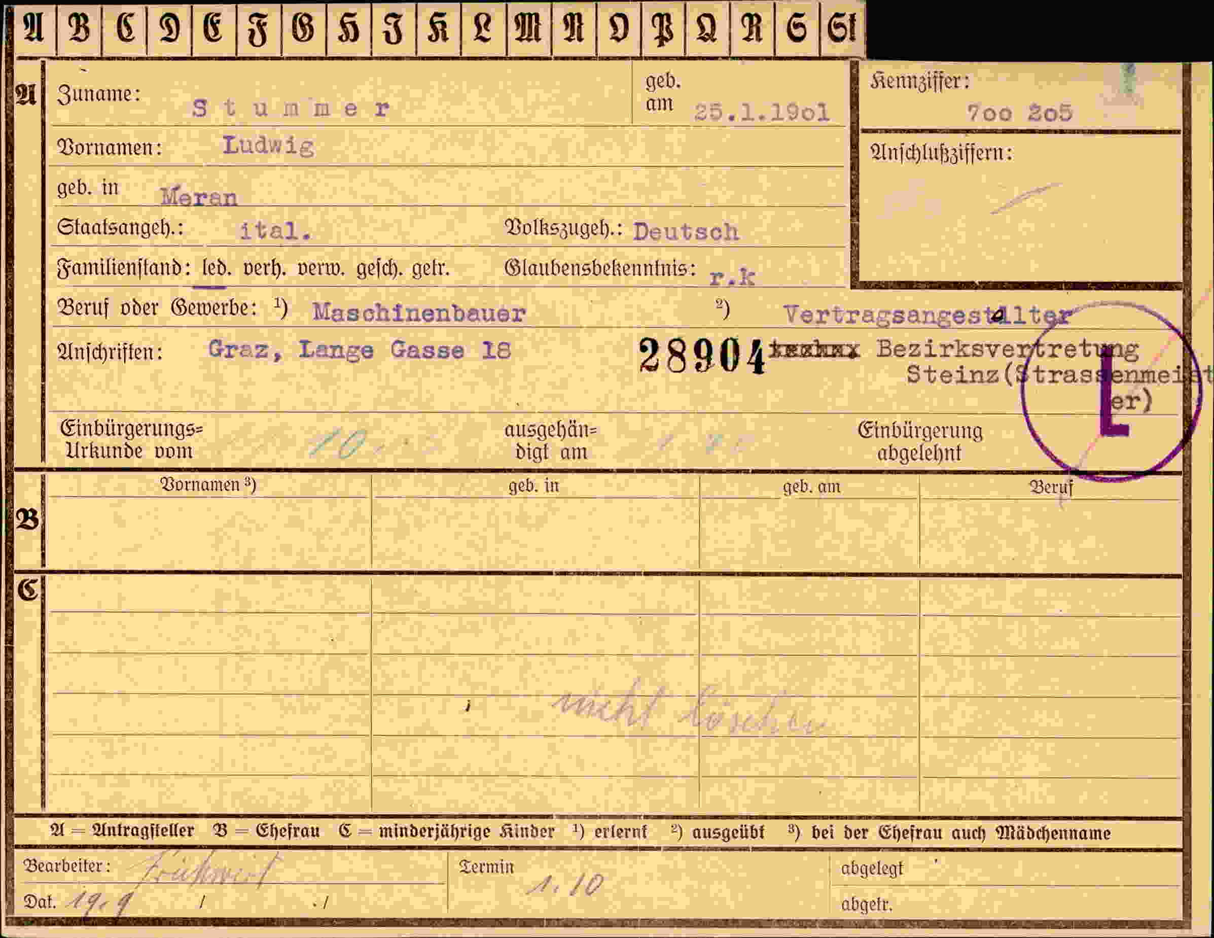 Dokument für Ludwig Stummer
