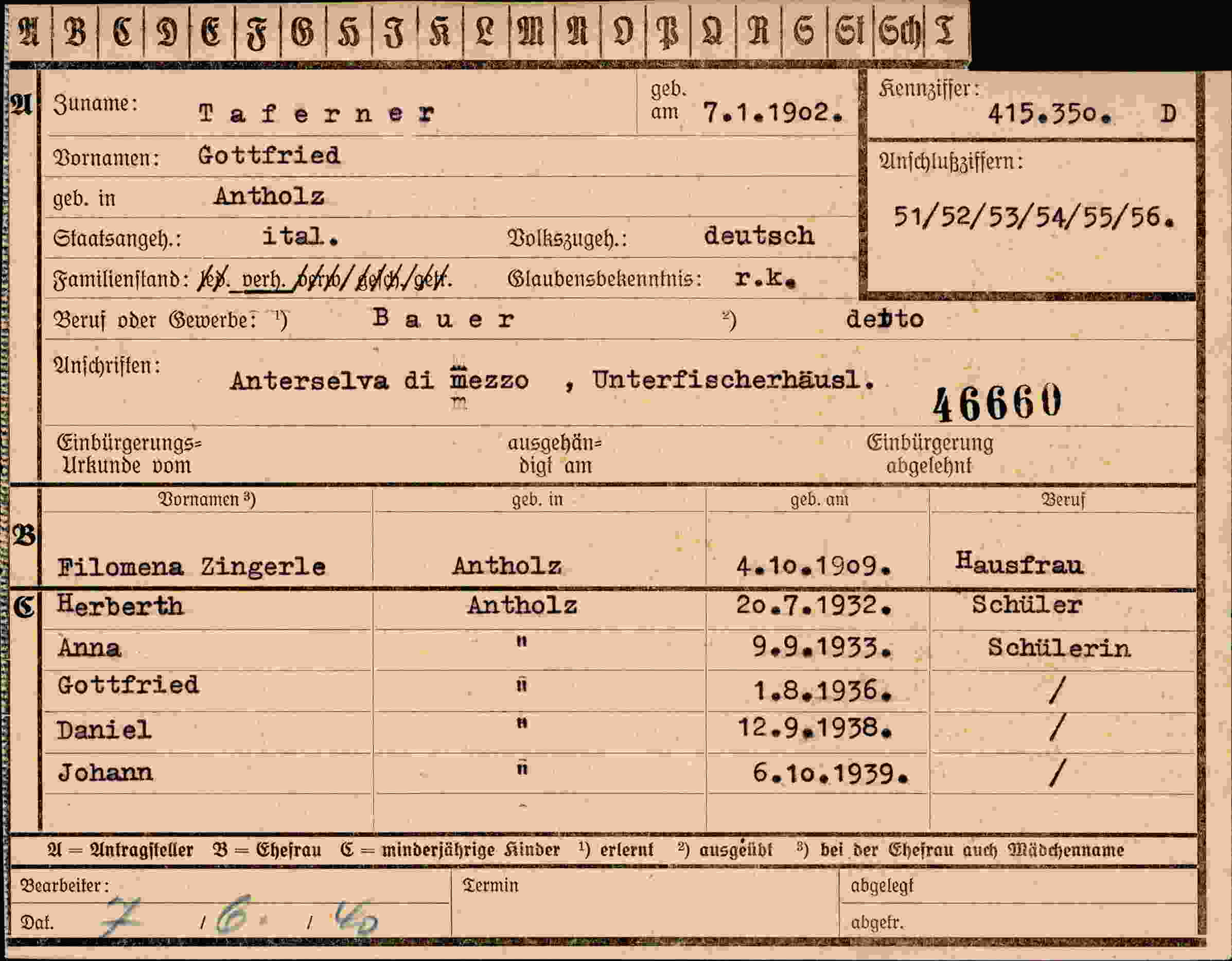 Dokument für Gottfried Taferner