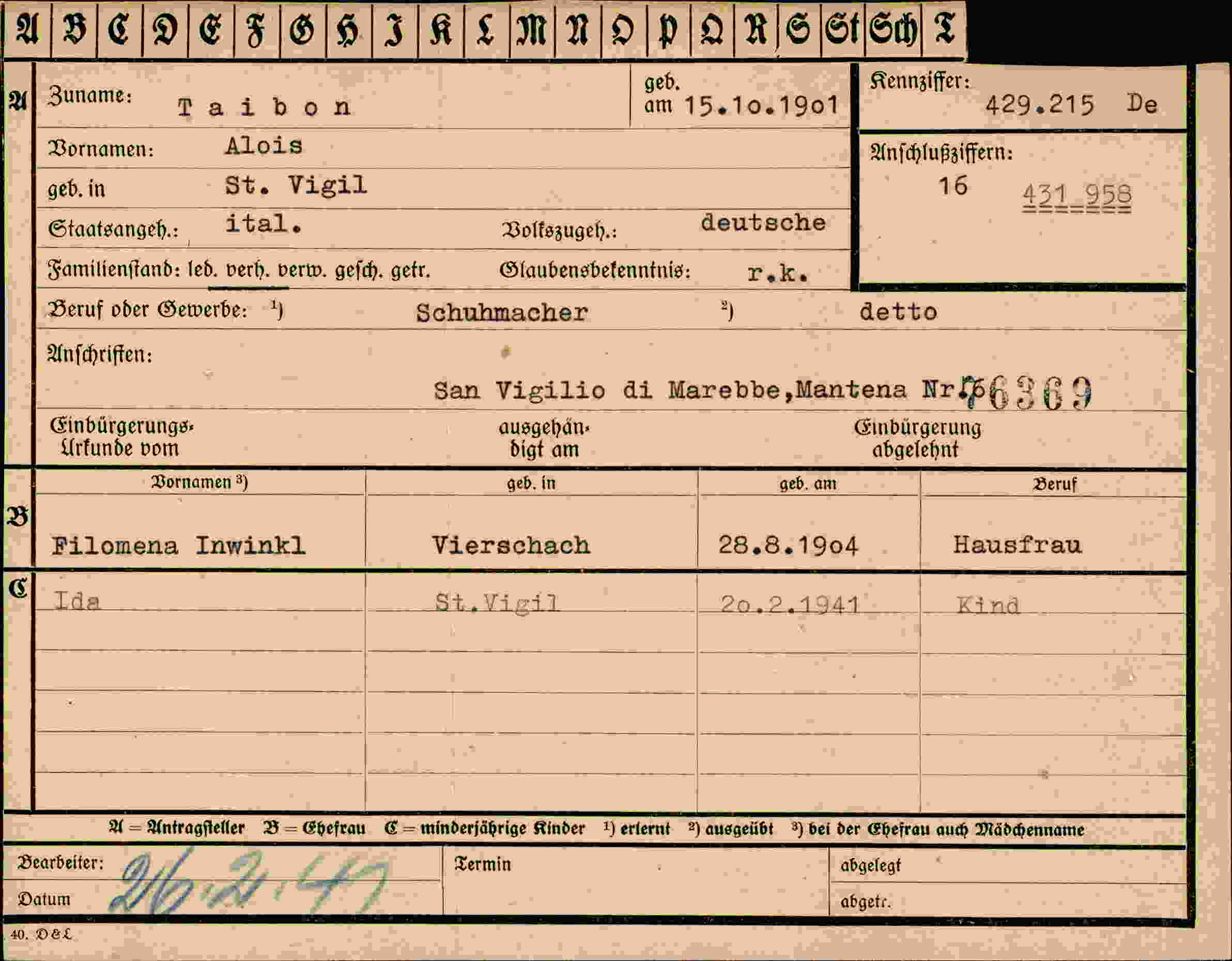 Dokument für Alois Taibon