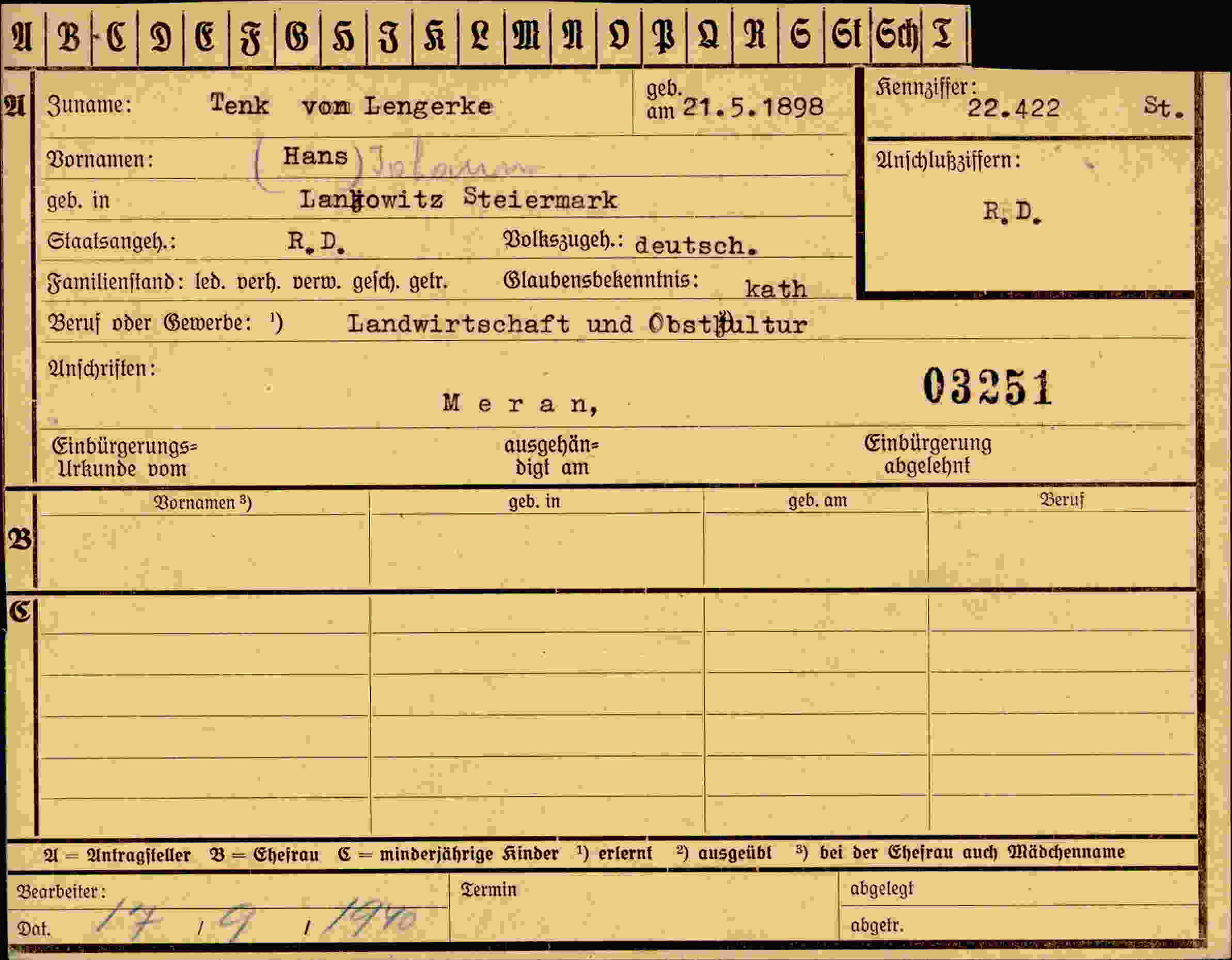 Dokument für Hans Tenk vom Lengerke