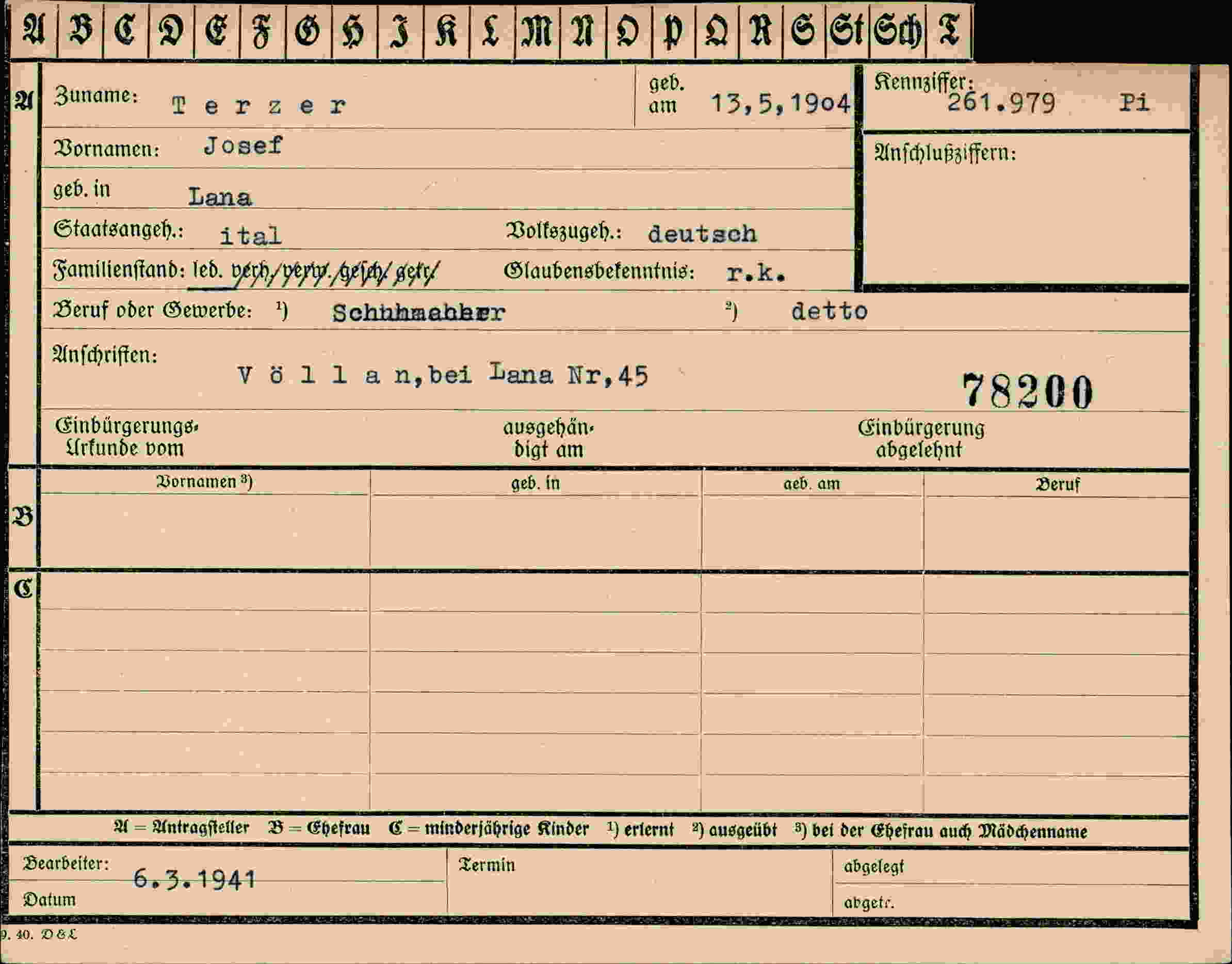 Dokument für Josef Terzer