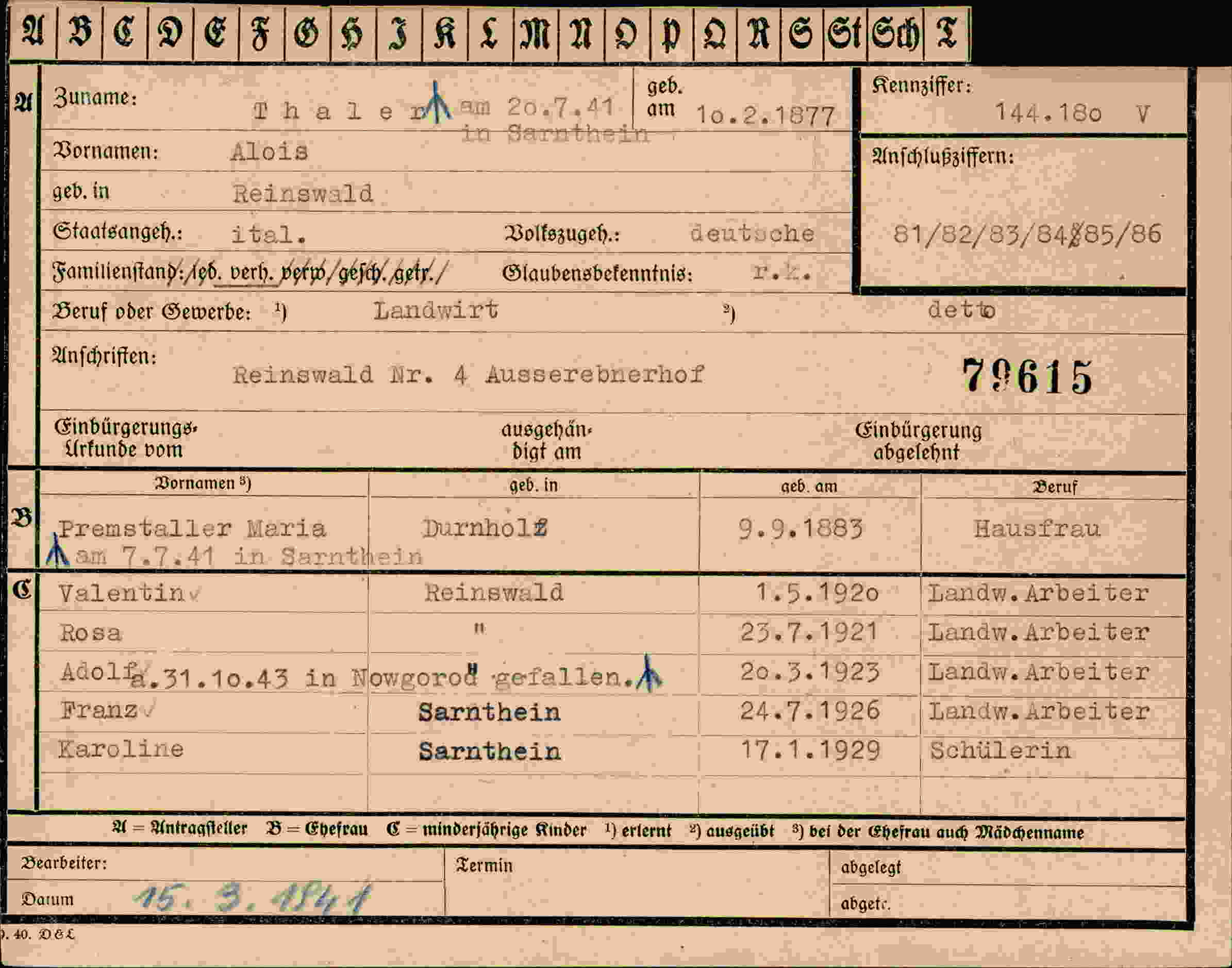 Dokument für Alois Thaler