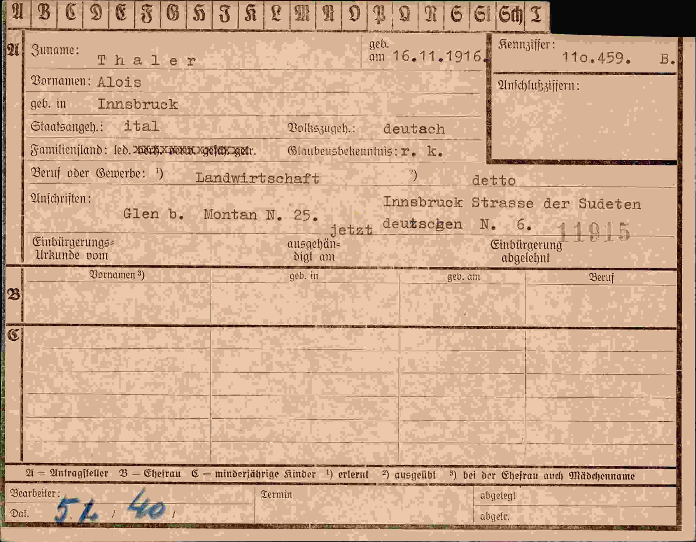 Dokument für Alois Thaler