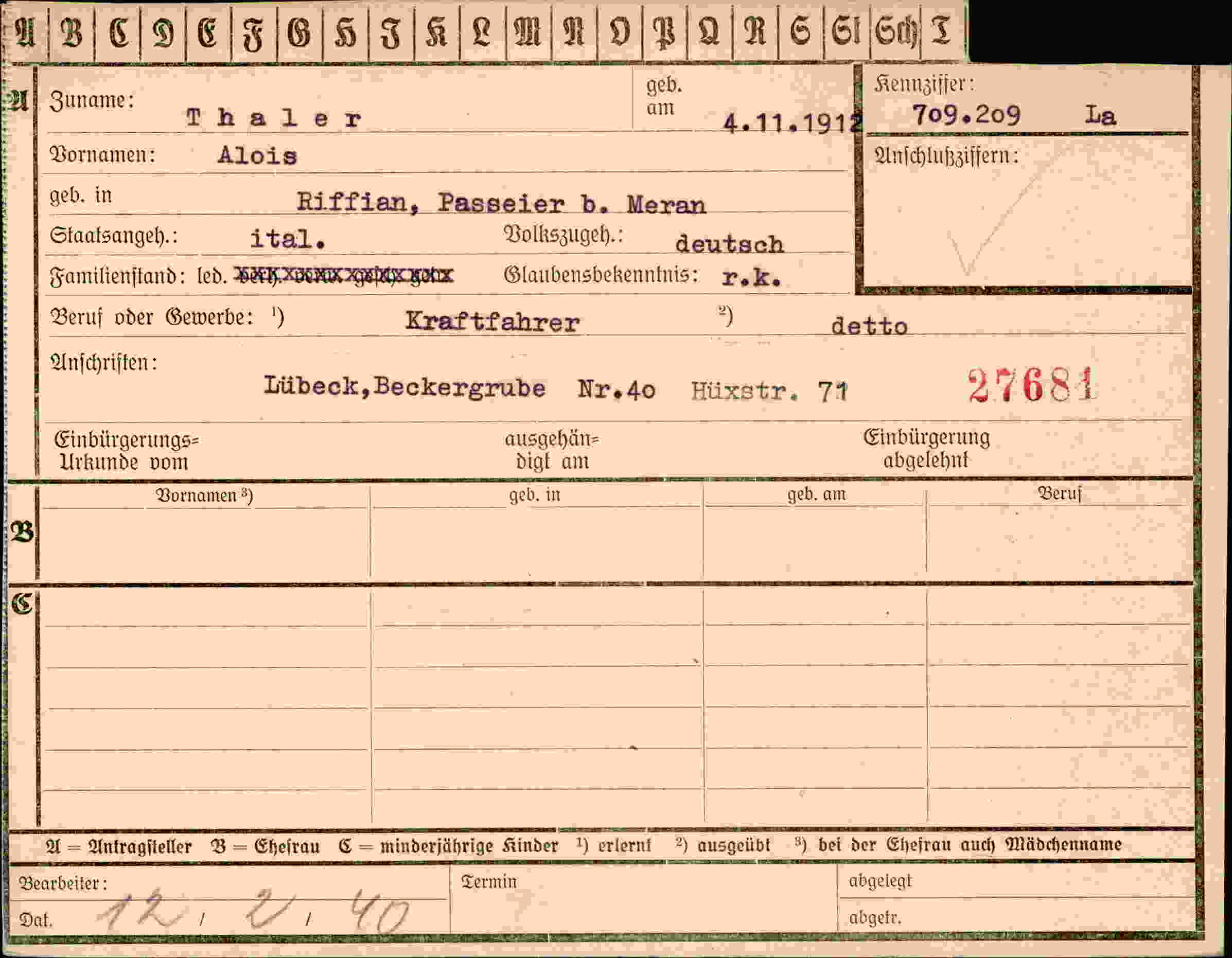 Dokument für Alois Thaler