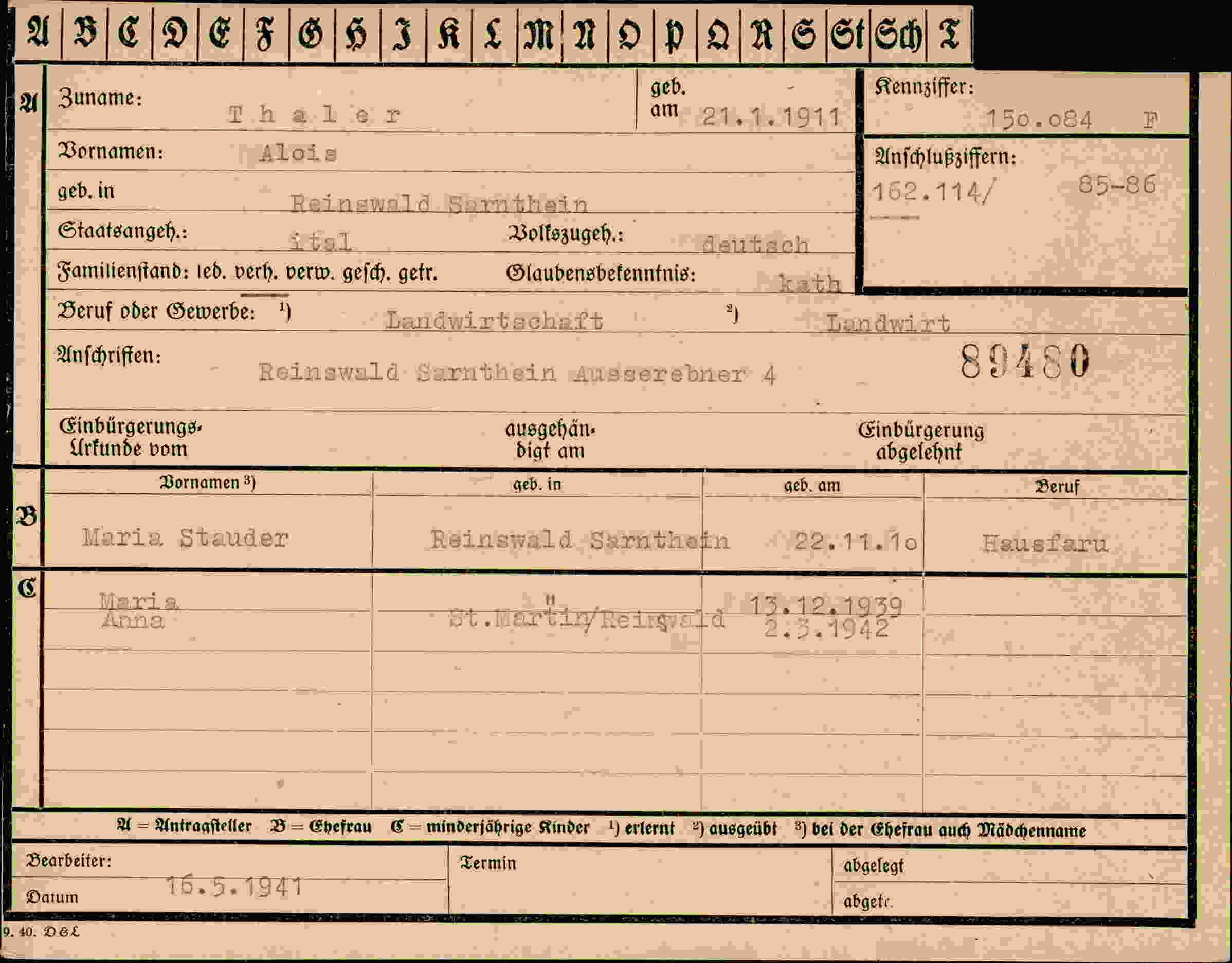 Dokument für Alois Thaler