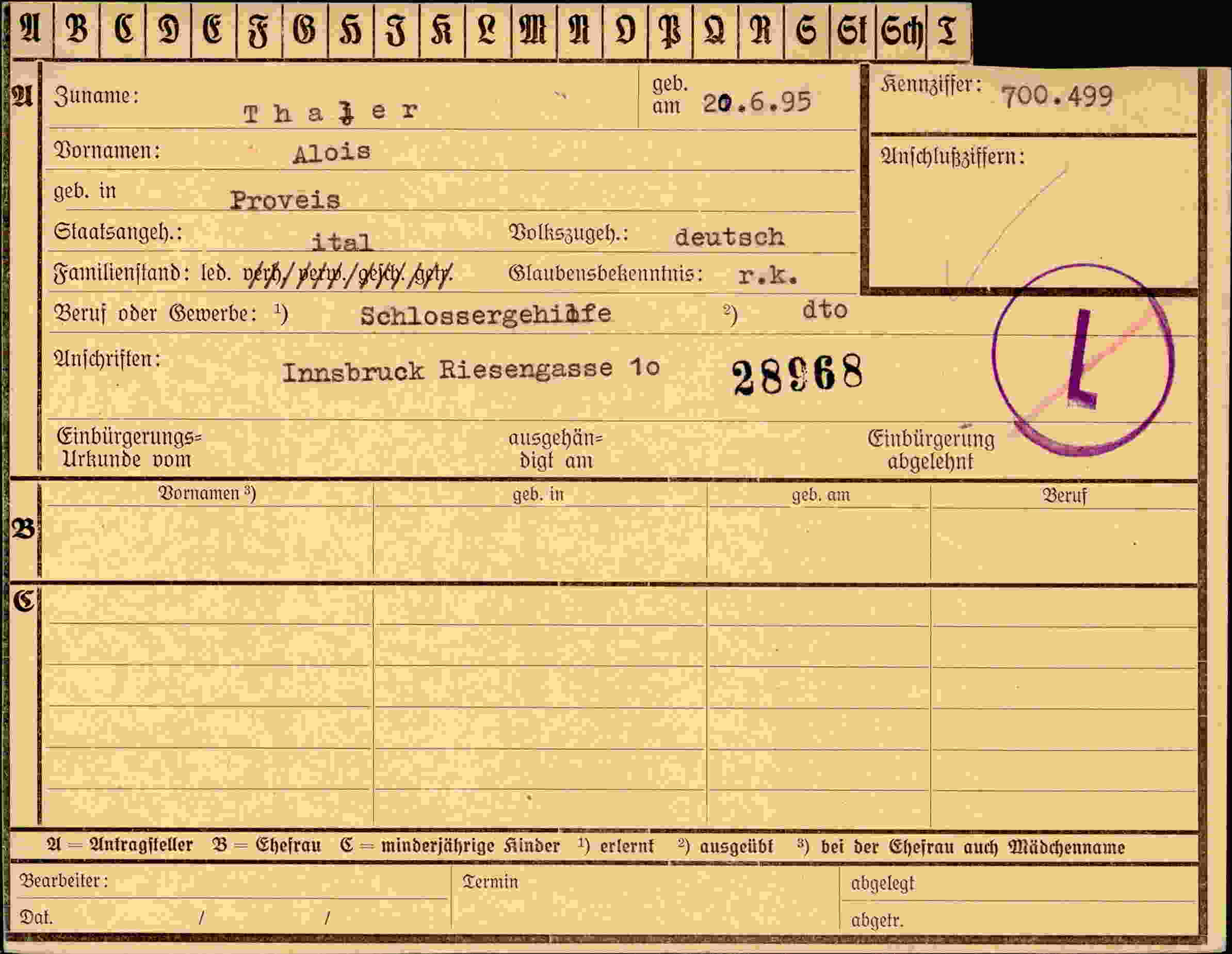 Dokument für Alois Thaler