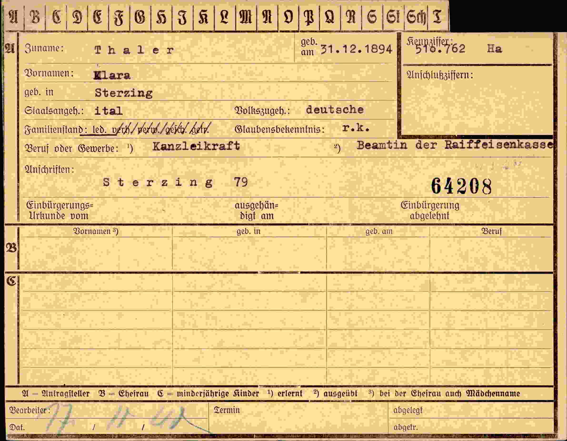 Dokument für Klara Thaler