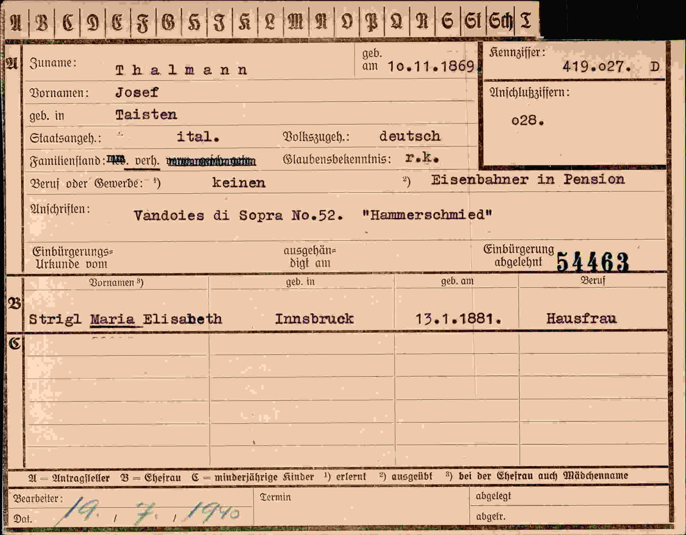 Dokument für Josef Thalmann