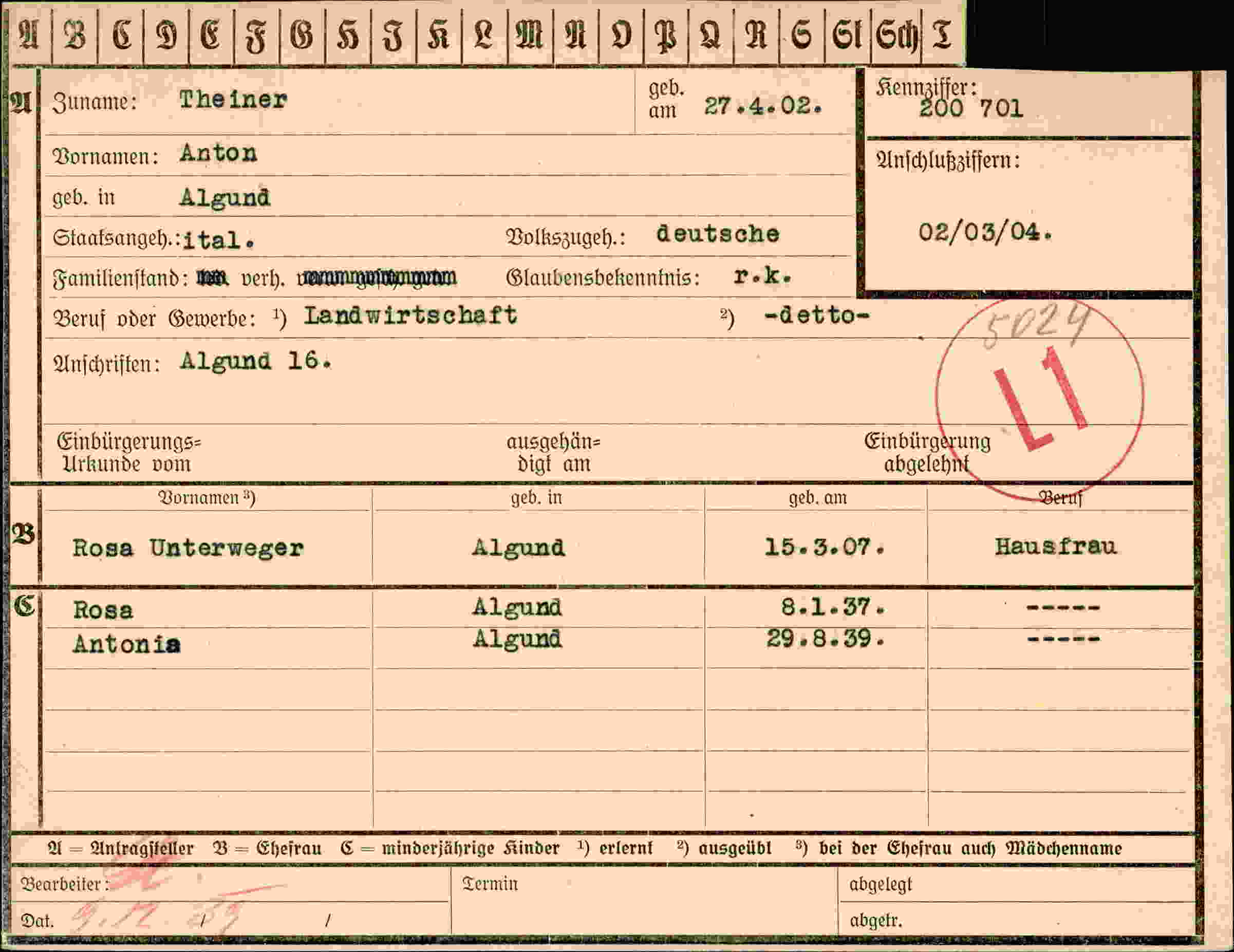 Dokument für Anton Theiner