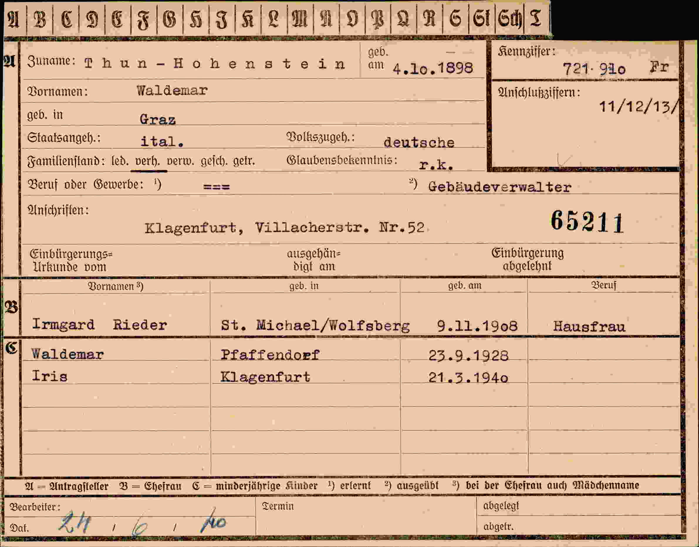 Dokument für Waldemar Thun - Hohenstein