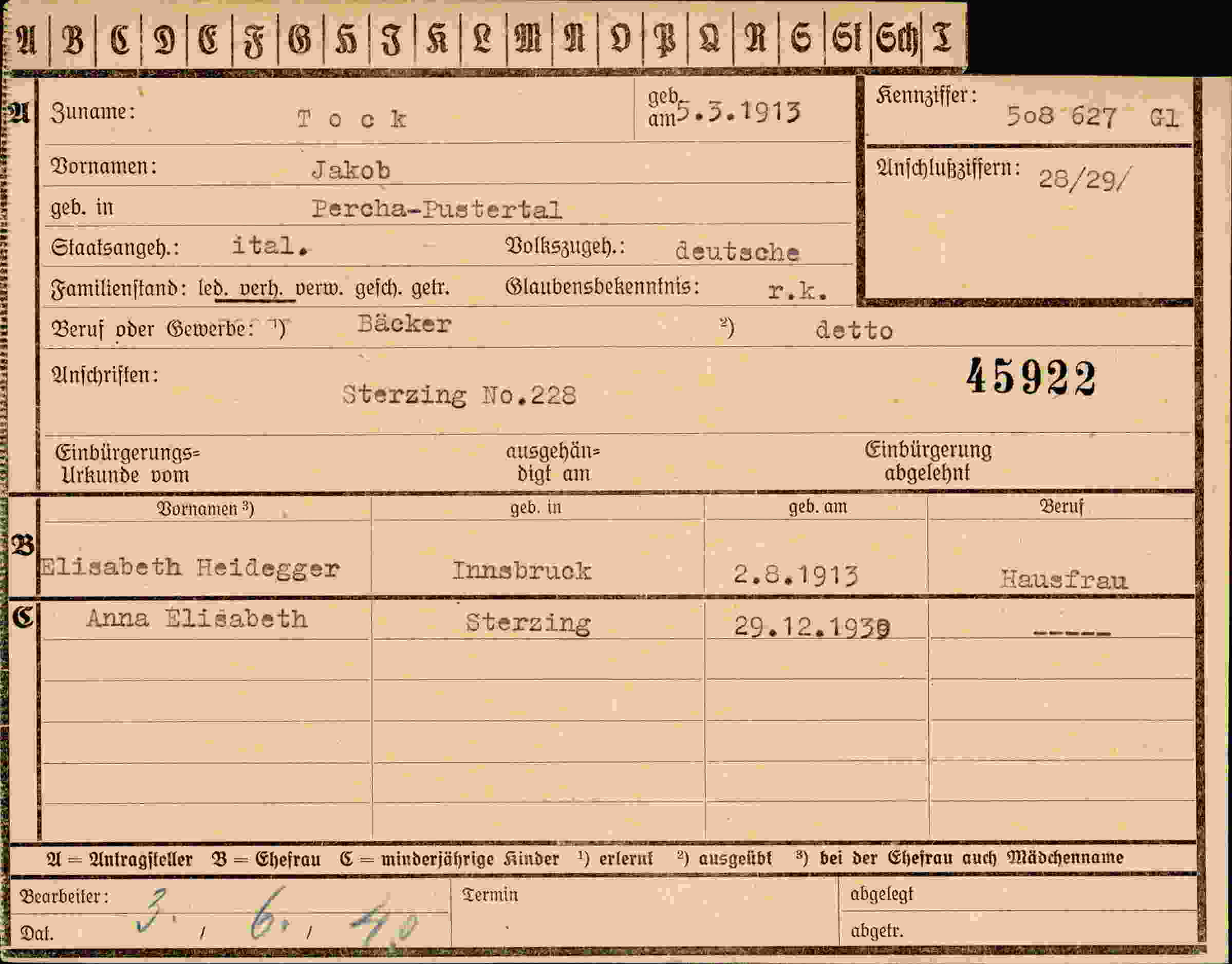 Dokument für Jakob Tock