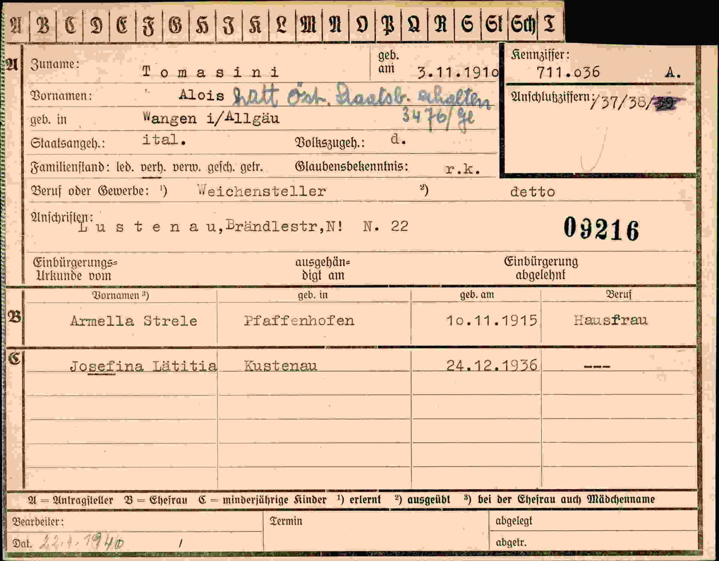 Dokument für Alois Tomasini