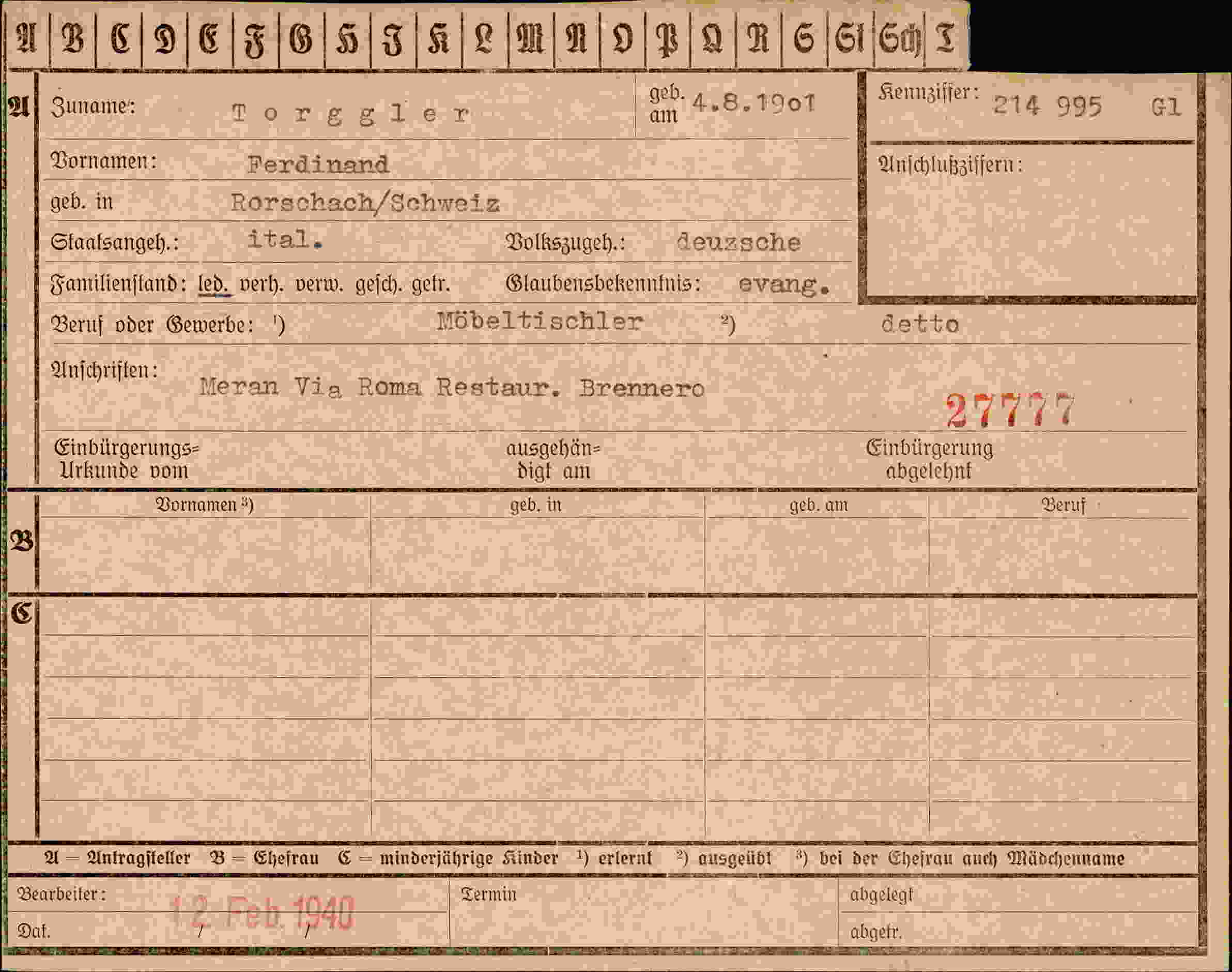 Dokument für Ferdinand Torgler