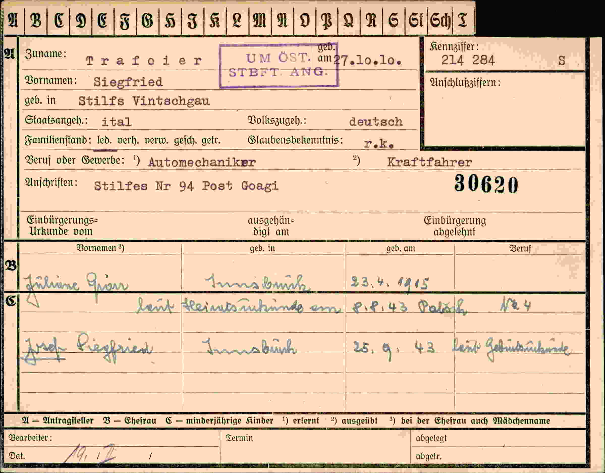 Dokument für Siegfried Trafoier