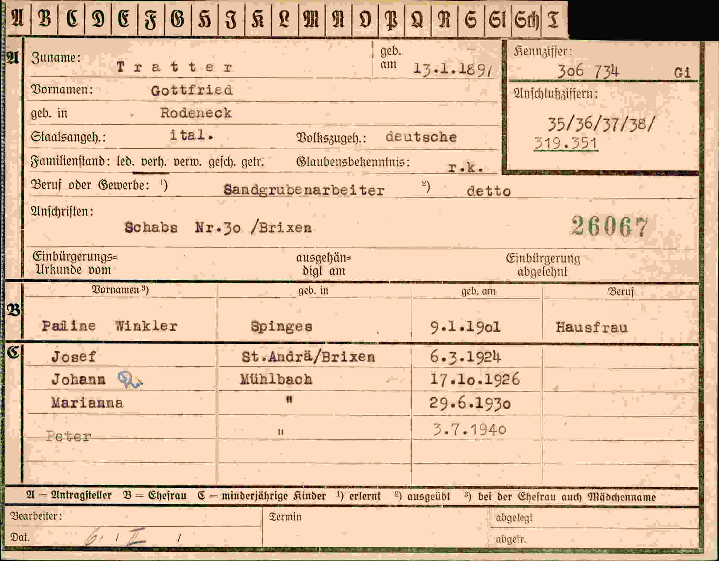 Dokument für Gottfried Tratter