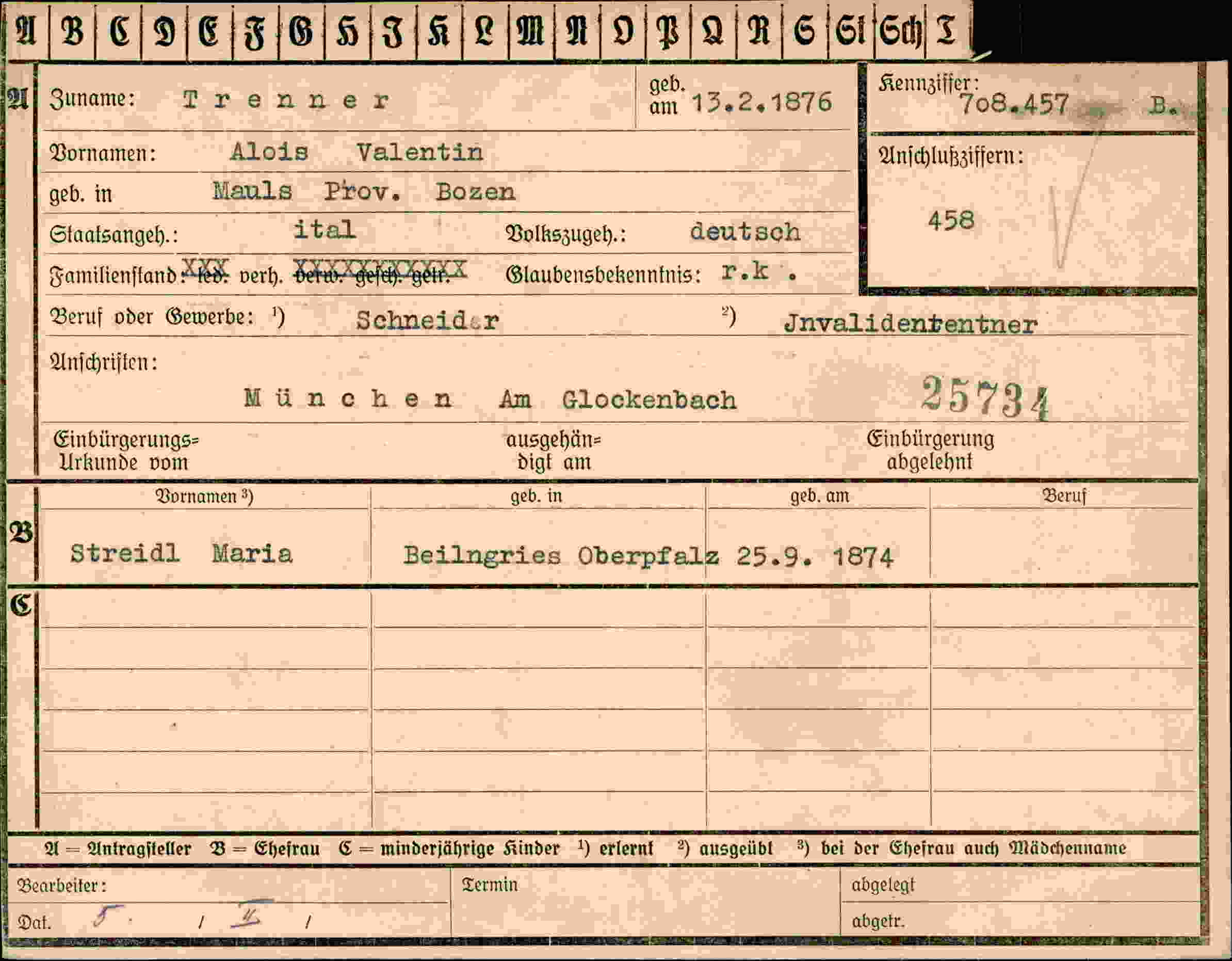 Dokument für Alois Valentin Trenner
