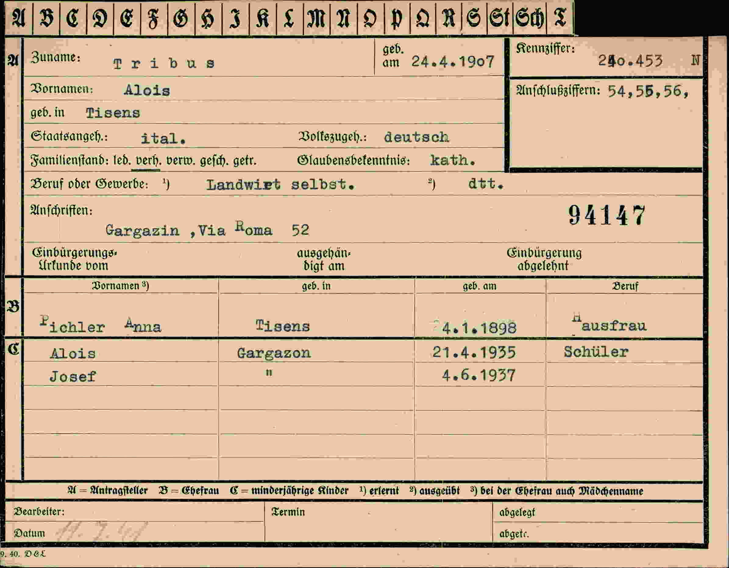 Dokument für Alois Tribus