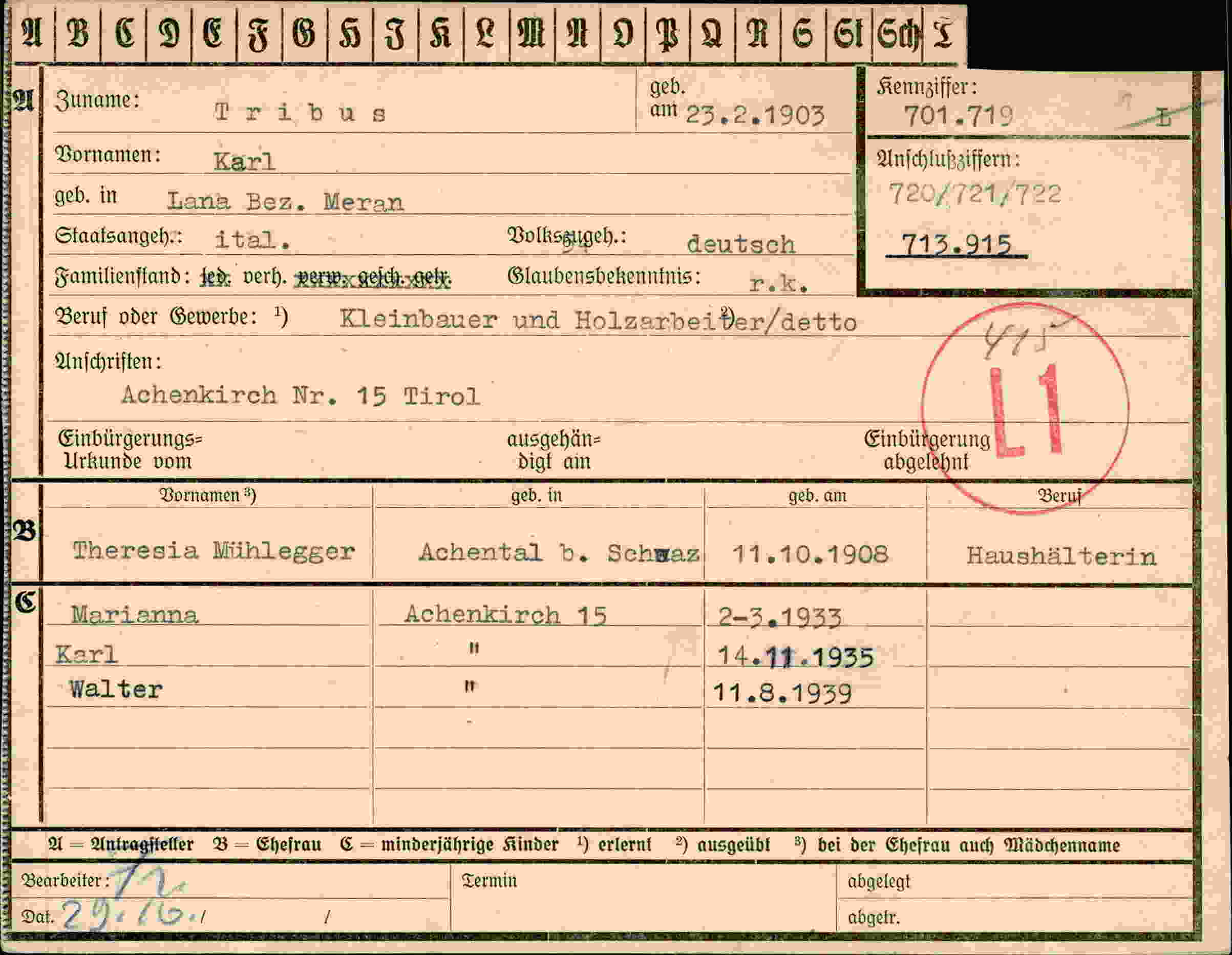 Dokument für Karl Tribus