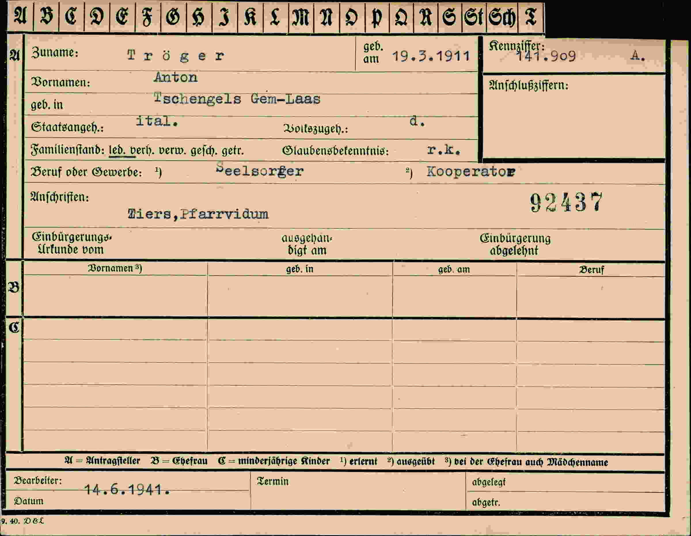 Dokument für Anton Tröger