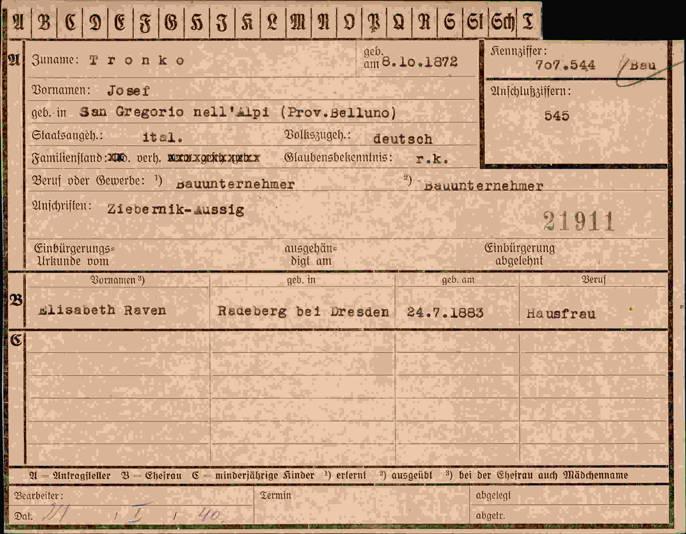 Dokument für Josef Tronko