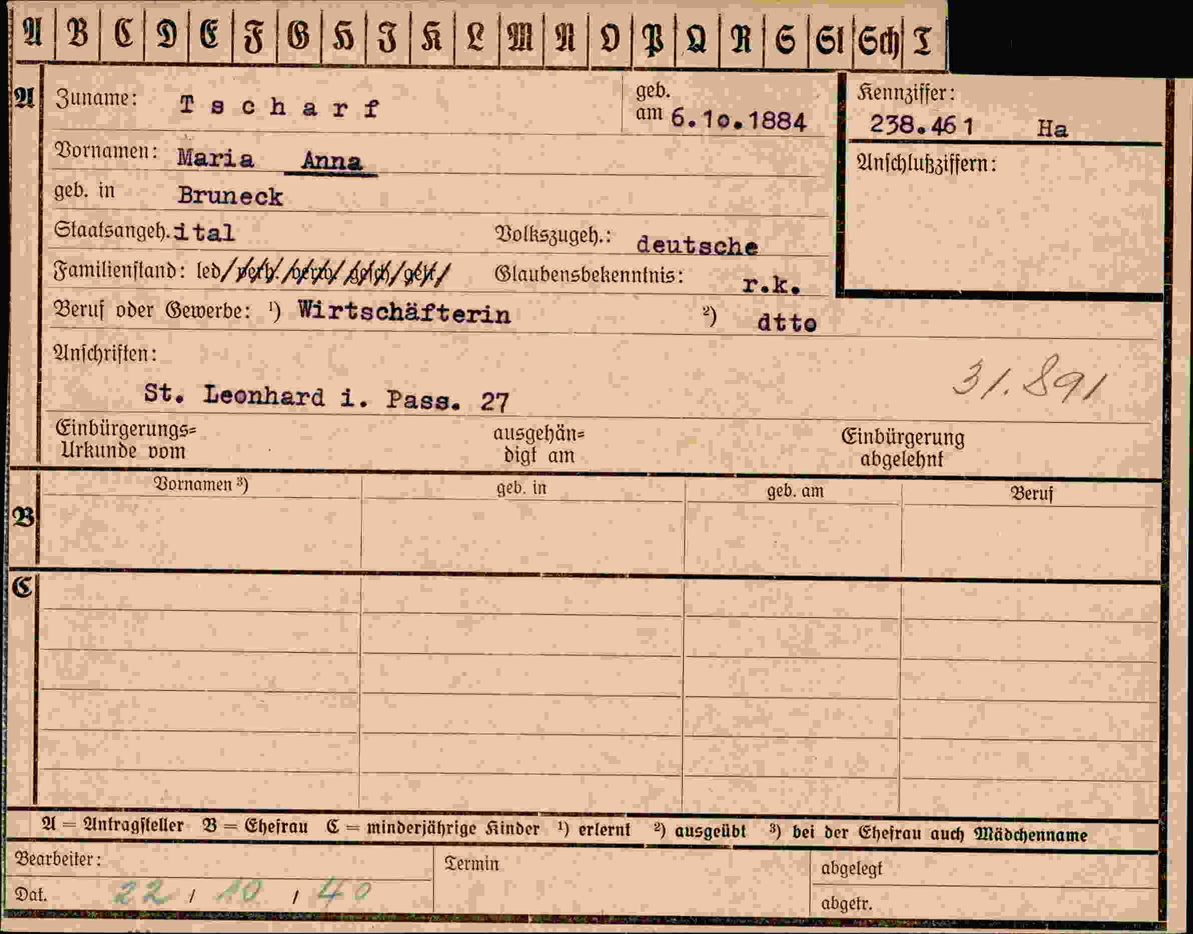 Dokument für Maria Anna Tscharf