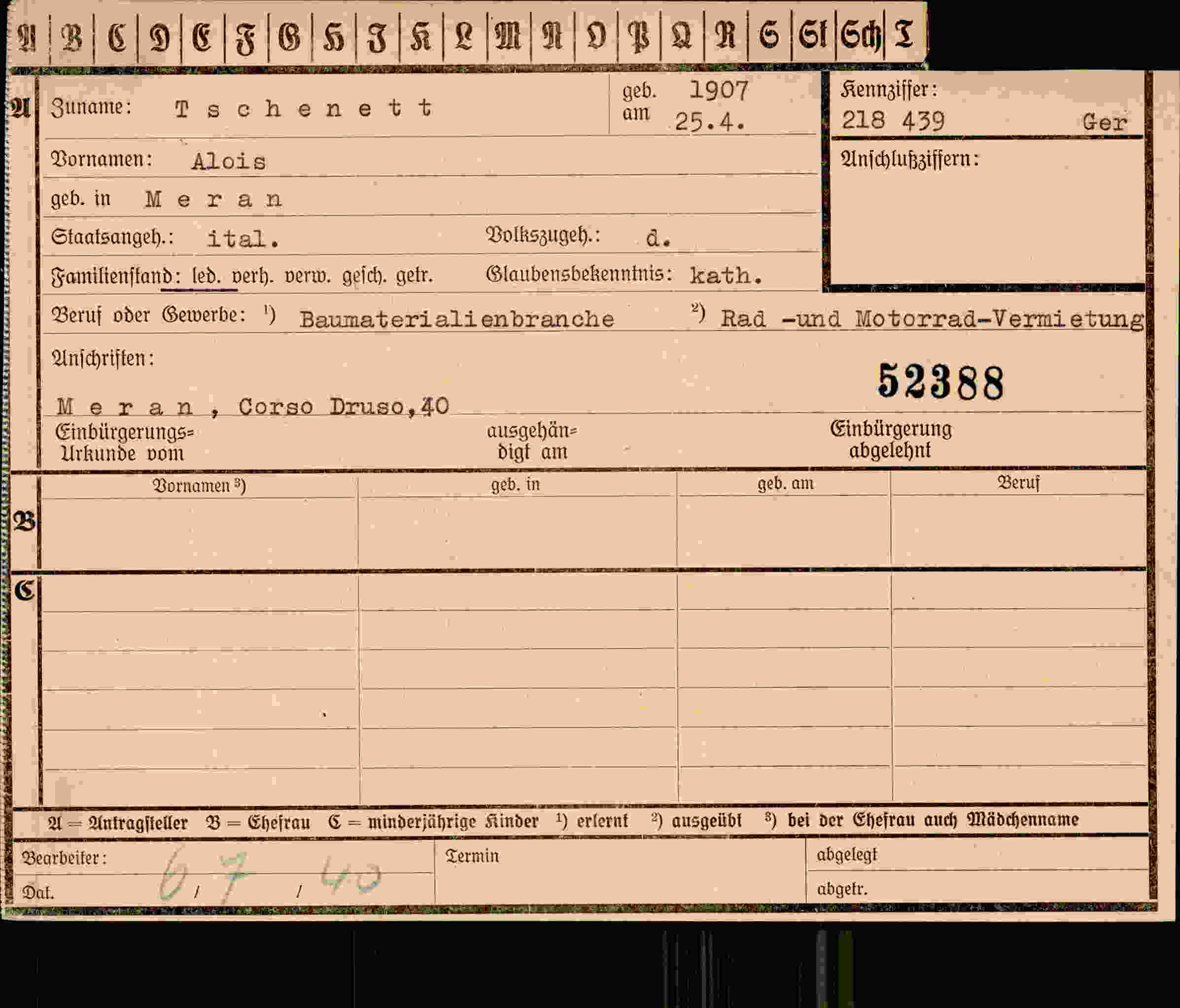 Dokument für Alois Tschenett