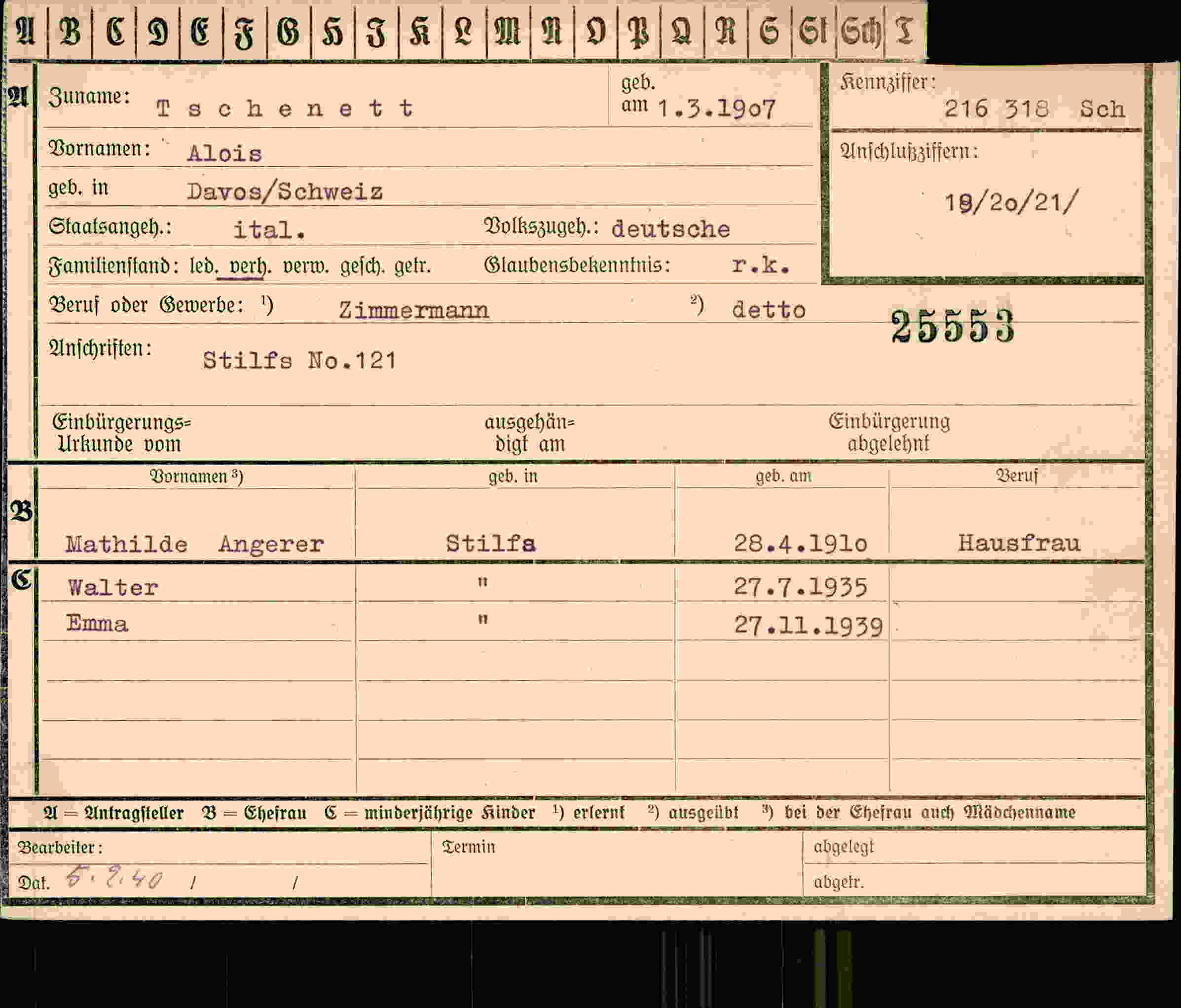 Dokument für Alois Tschenett