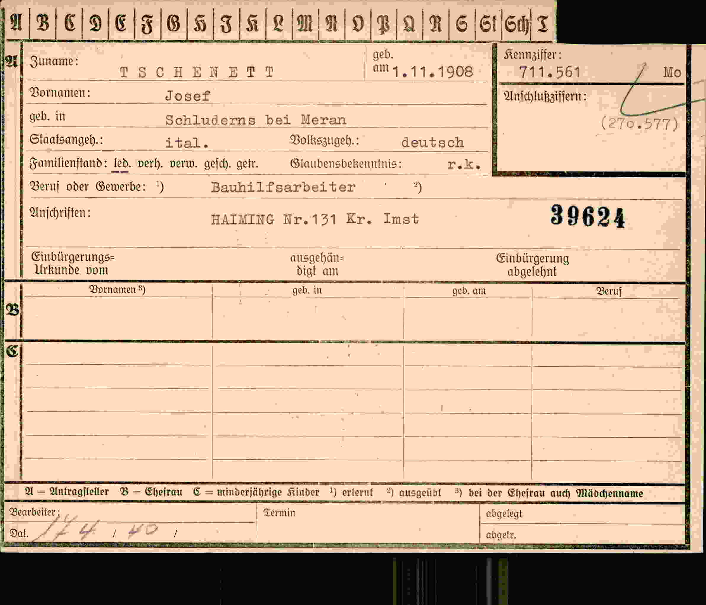 Dokument für Josef Tschenett