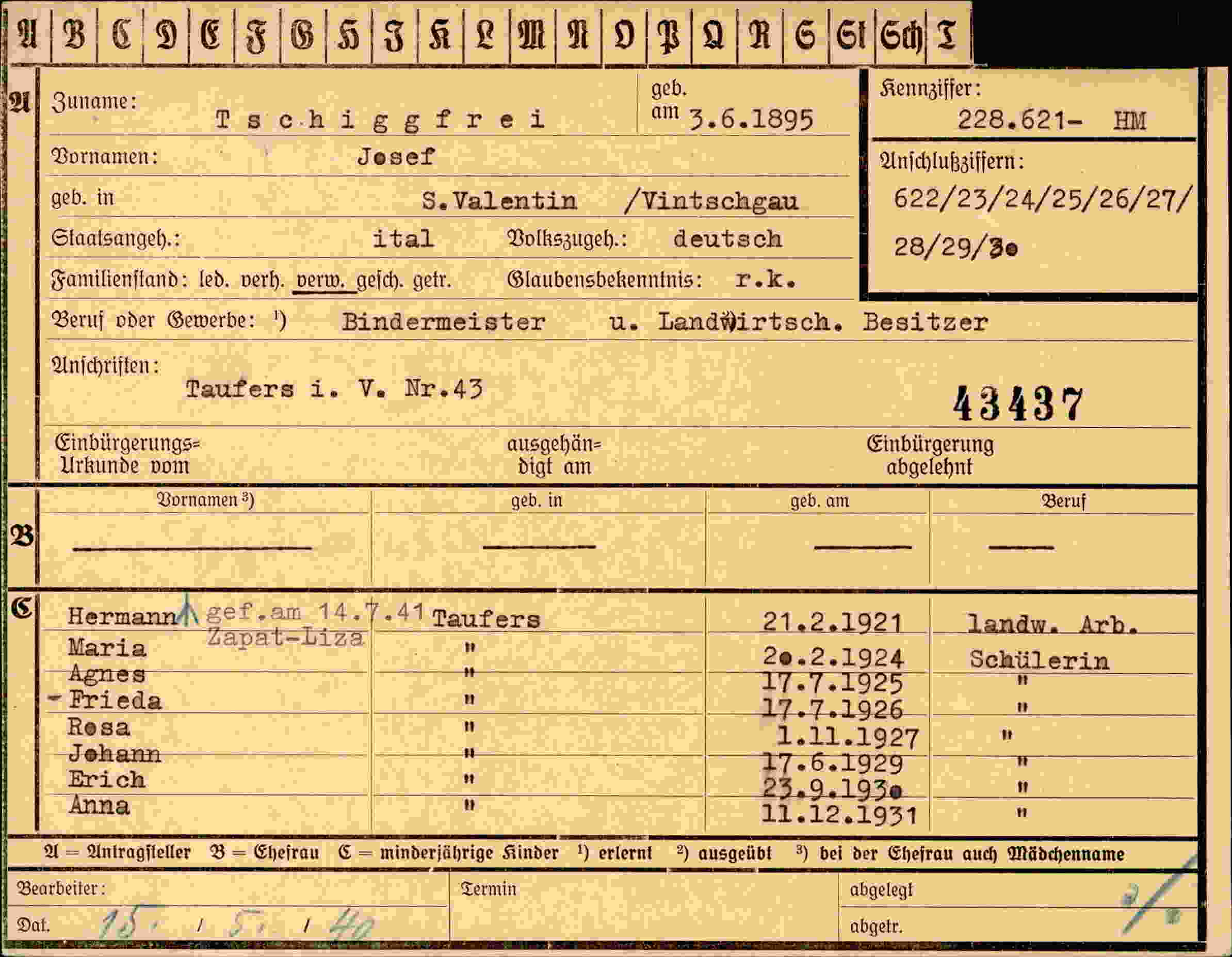 Dokument für Josef Tschiggfrei