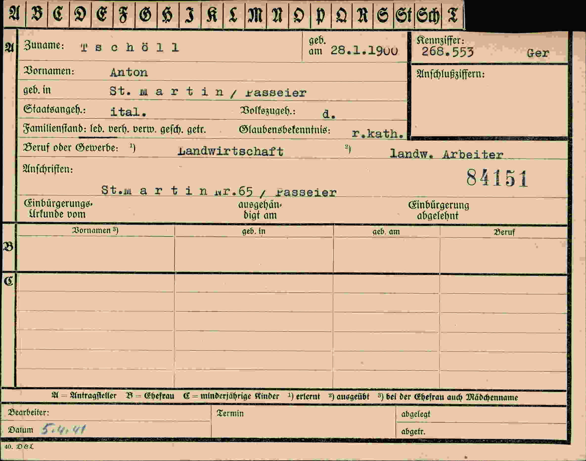 Dokument für Anton Tschöll