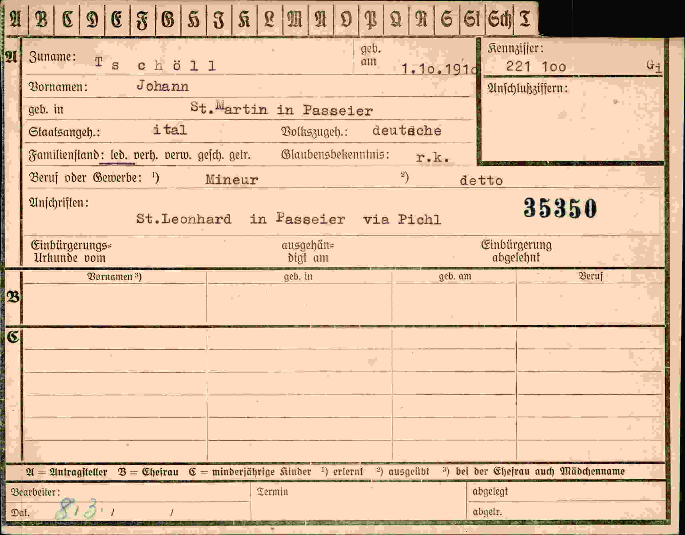 Dokument für Johann Tschöll