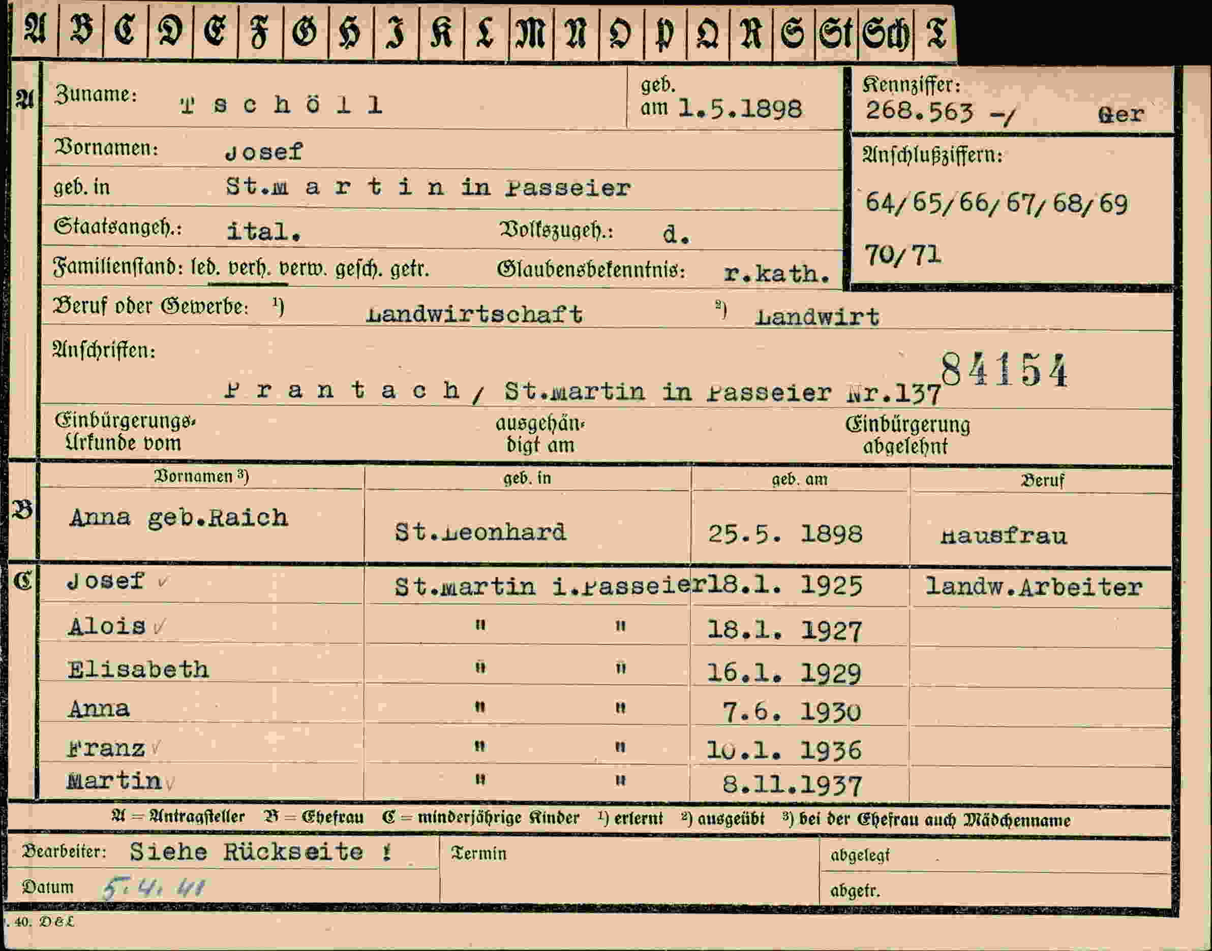 Dokument für Josef Tschöll